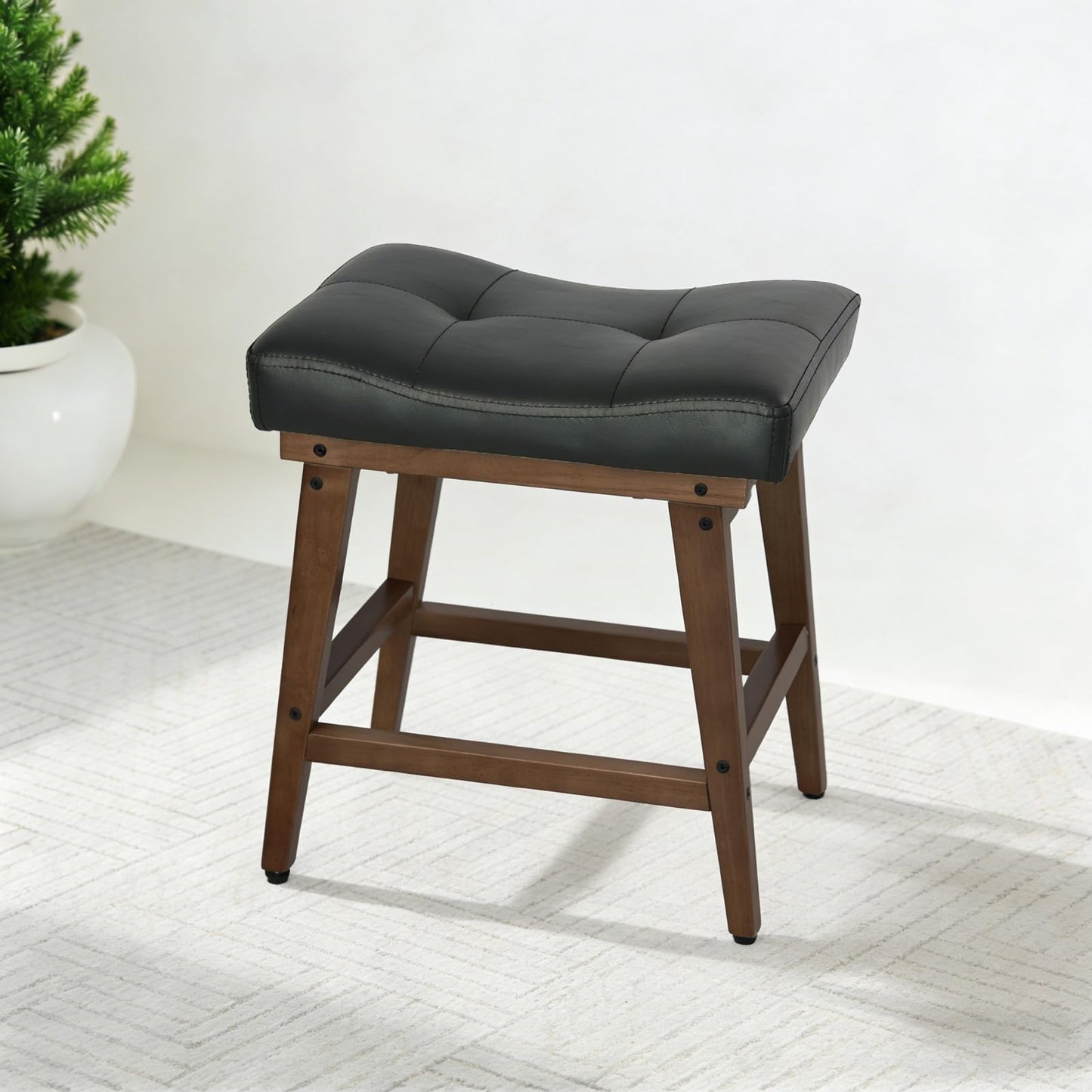 FLYZC Saddle Seat Vanity Stool with Wood Legs, Makeup Stool Chairs, U-Shaped Ottoman Foot Rest Stools, Modern Makeup Bench, Small PU Leather Square Chair Under Desk for Vanity, Living Room Black
