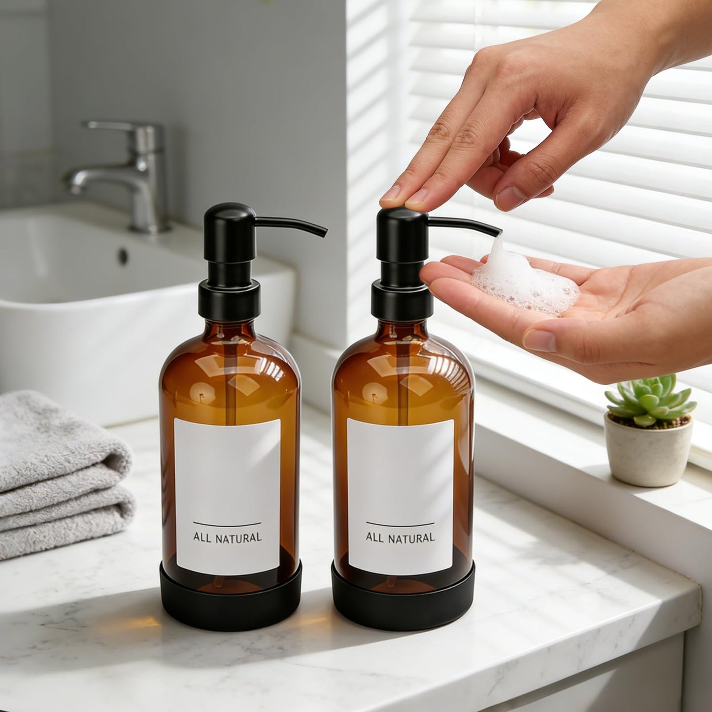 16oz Amber Glass Soap Dispenser Set of 4,Brown Glass Pump Bottles for Bathroom Kitchen,Bathroom Kitchen Hand and Dish Soap Dispenser Set,Modern Brown Soap Dispensers Bottles