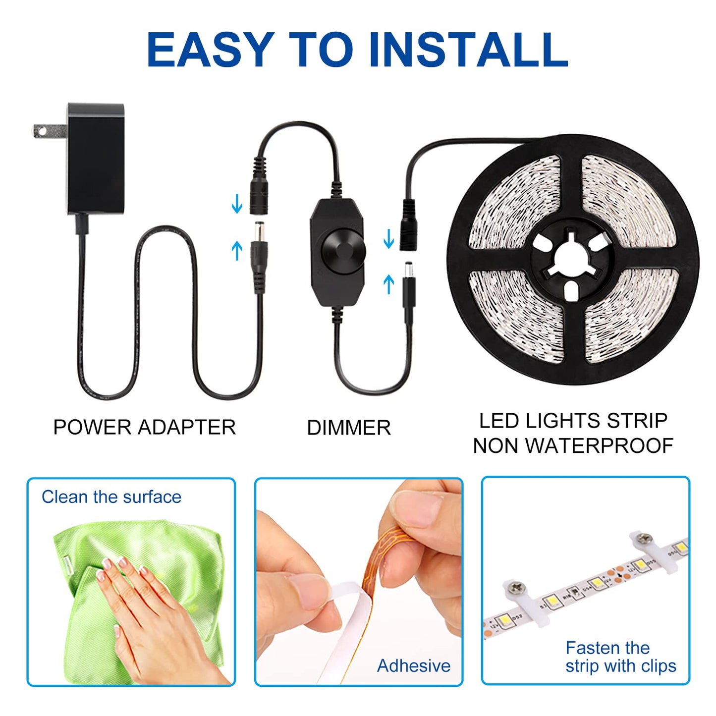 KOPMHYE 5M Dimmable LED Strip Lights Kits, 12V Tape Light, 300 2835 LED, 16.4ft 6000K Daylight White Ribbon with Power Adapter, Light Strips for Under Bed, Vanity Mirror, Cabinet, Non-Waterproof
