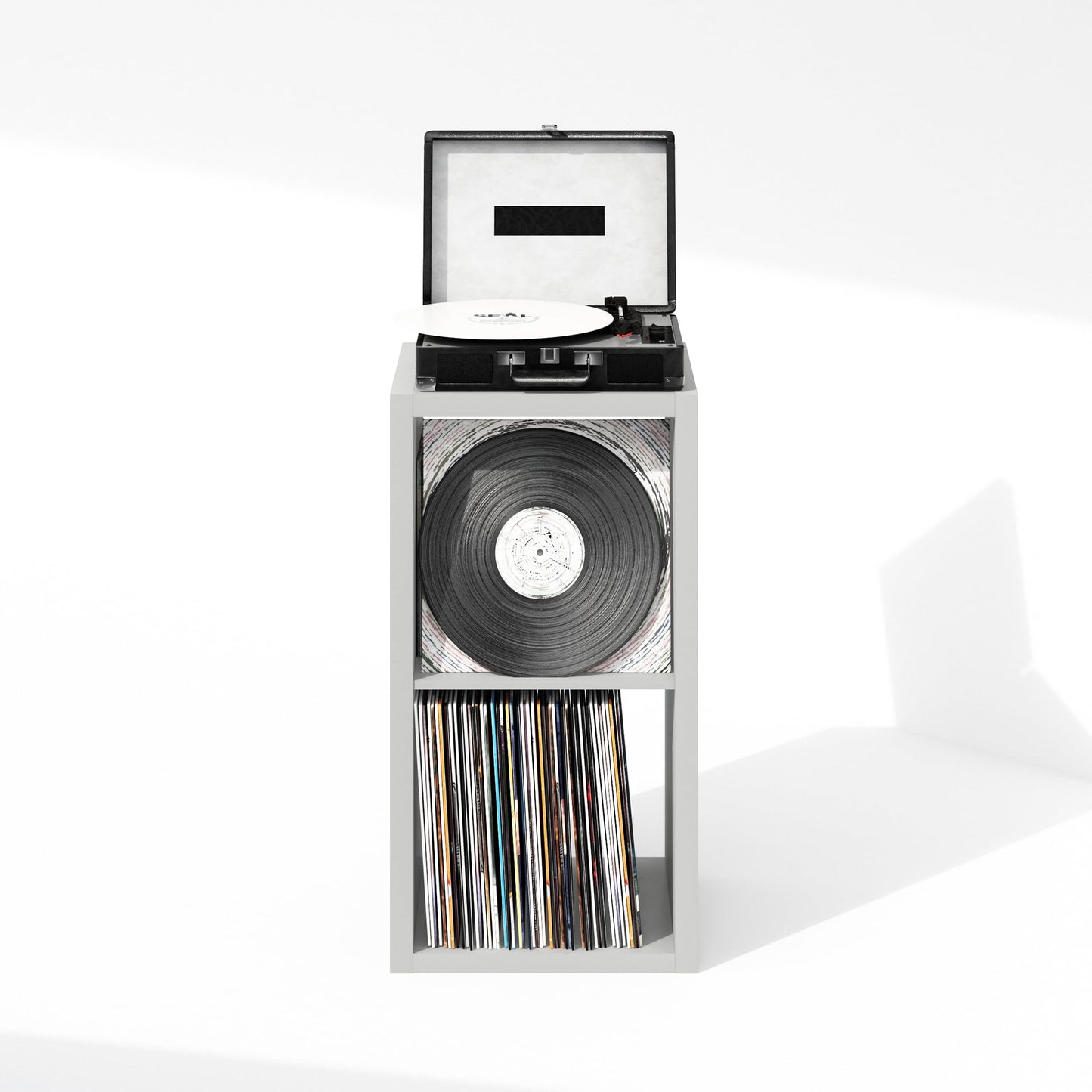 Furinno Cubicle Record Player Stand with Vinyl Storage, 2-Cube 1.2 Extra Thick Vinyl Record Storage, Open Back Media Shelf for CD DVD Blueray Game Disc, for Living Room, Home Office, Light Grey