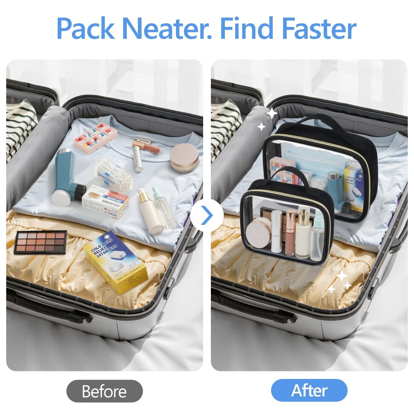 PACKISM Clear Makeup Bag Combo Pack, 1 TSA Approved Medium & Large for Checked Luggage, Clear Toiletry Bag with Handle, Water-resistant Travel Essentials Organizer, Black