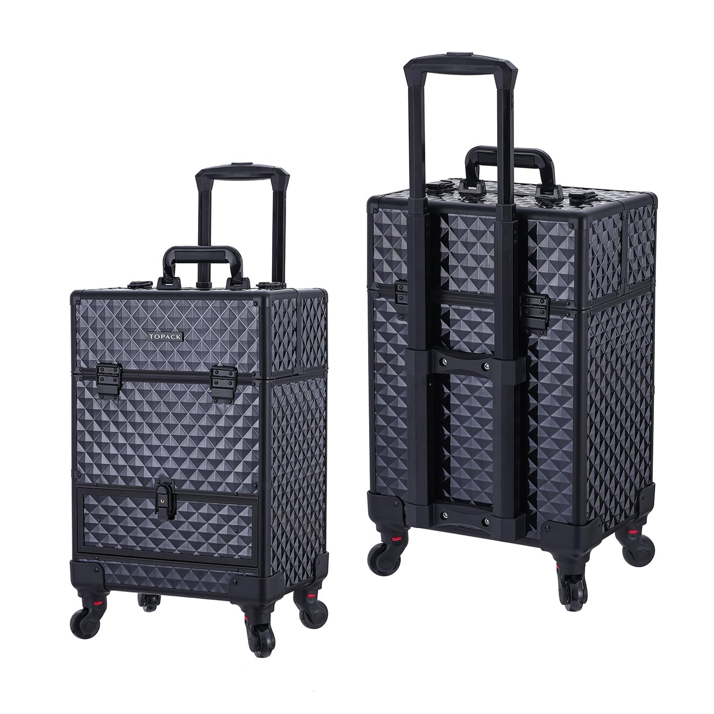 TOPACK Rolling Makeup Train Case,360°Rotaing Wheel Aluminum Cosmetic Case with Trolley 4-Tray for Tattoo/Barber/Nail Tech Travel Cart Organizer 13.1 * 9.8 * 18.3in BLACK (BLACK)
