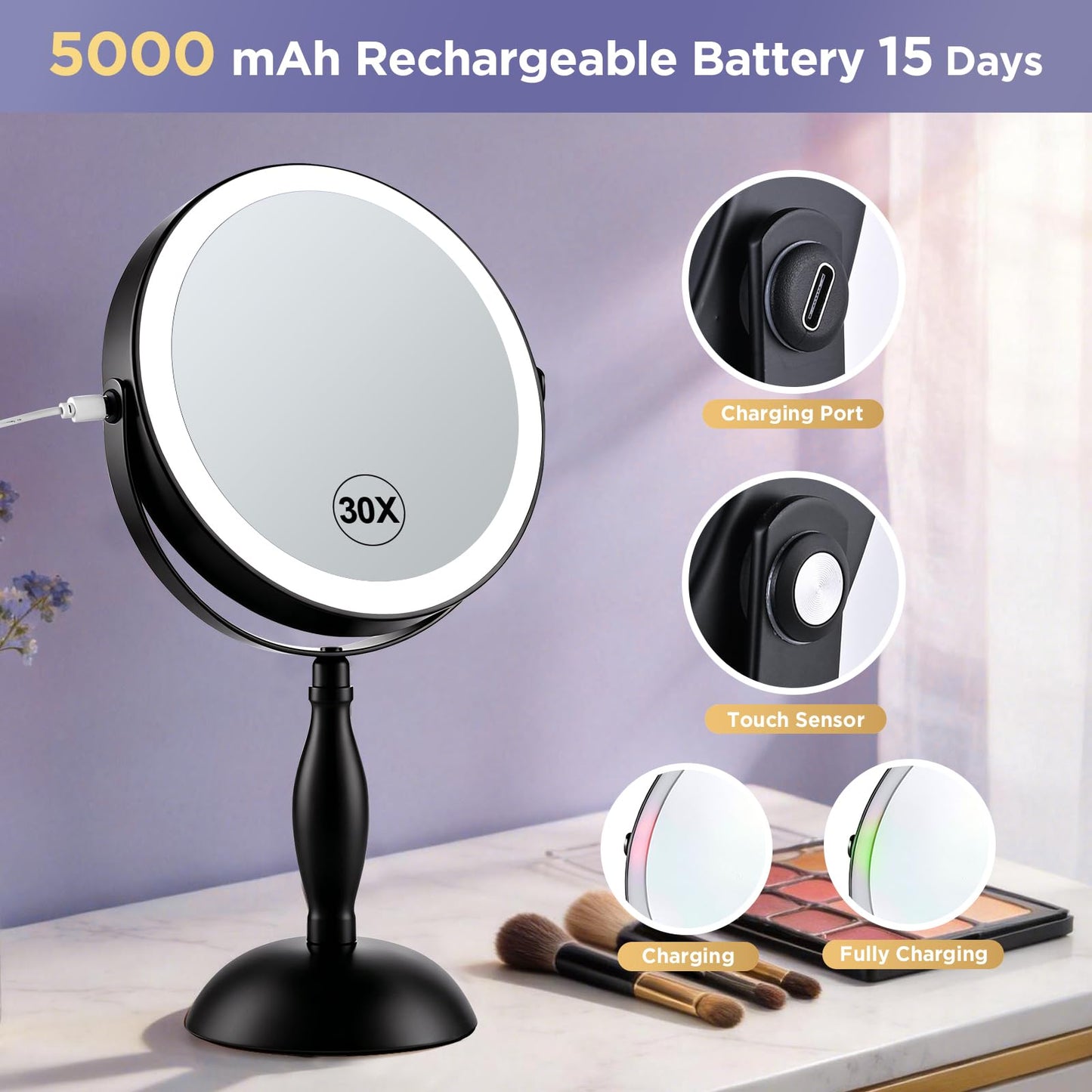DASLAVA 30X Magnifying Mirror with Lights, 8" Dual Sided (1X/30X) Lighted Makeup Mirror, 360° Swivel, 5000mAh Rechargeable Side Touch & Side Charging, 3 Colors & Dimmable Brightness