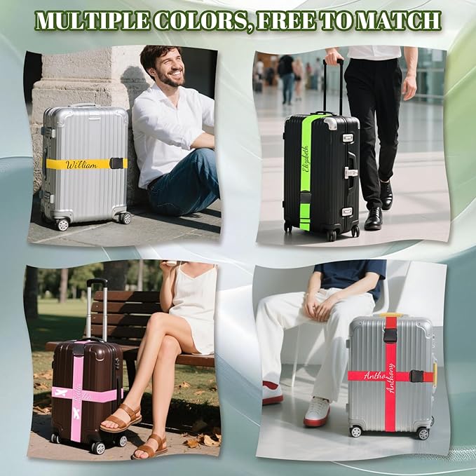 Personalised Suitcase Straps with Embroidery, Adjustable Luggage Strap with Quick-Release Buckles, Secure & Thick Luggage Straps for Suitcases, 80 Inch Custom Travel Belt for Luggage (2 Pieces)