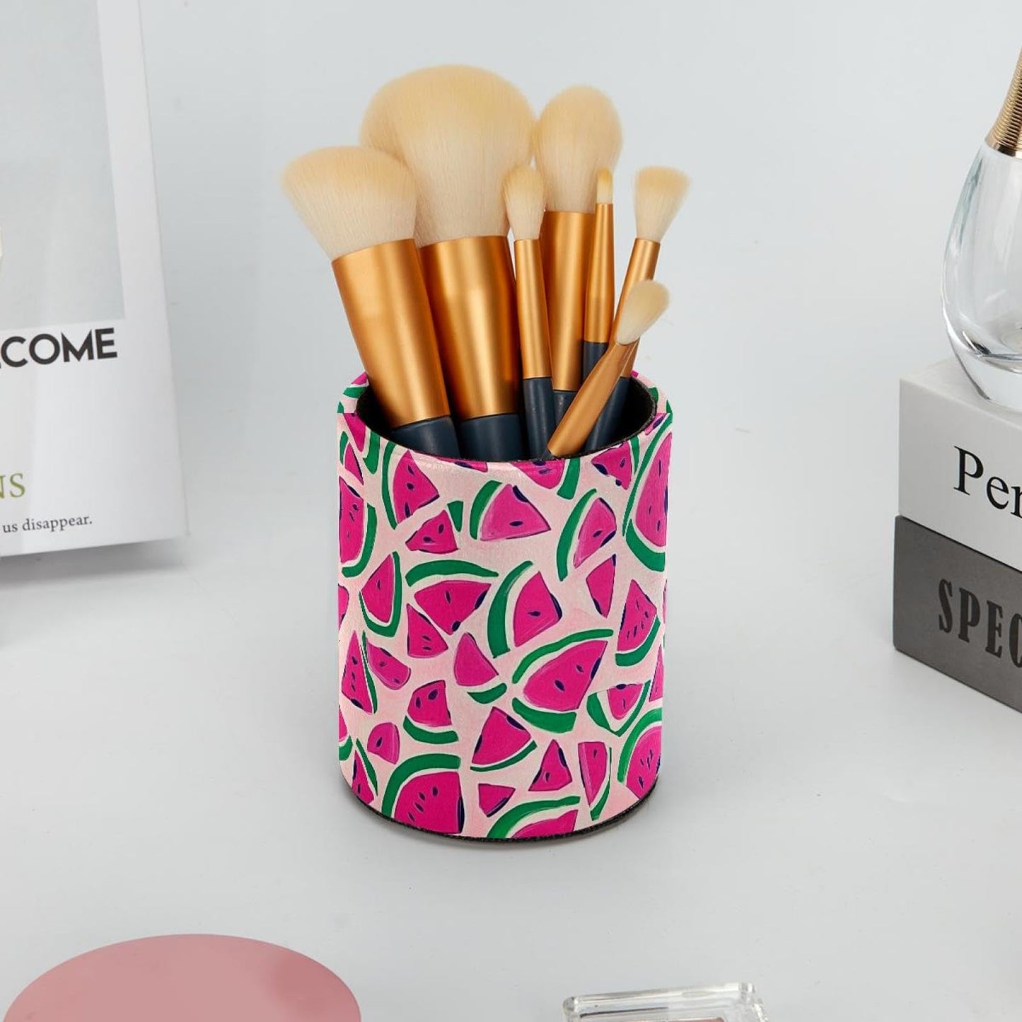 CDGIRUOWUNV Pink Watermelon (3) Pencil Holder, Pencil Cup for Desk, Makeup Brush Holder Cup for Kids Desk Organizer for Office, Classroom, Home