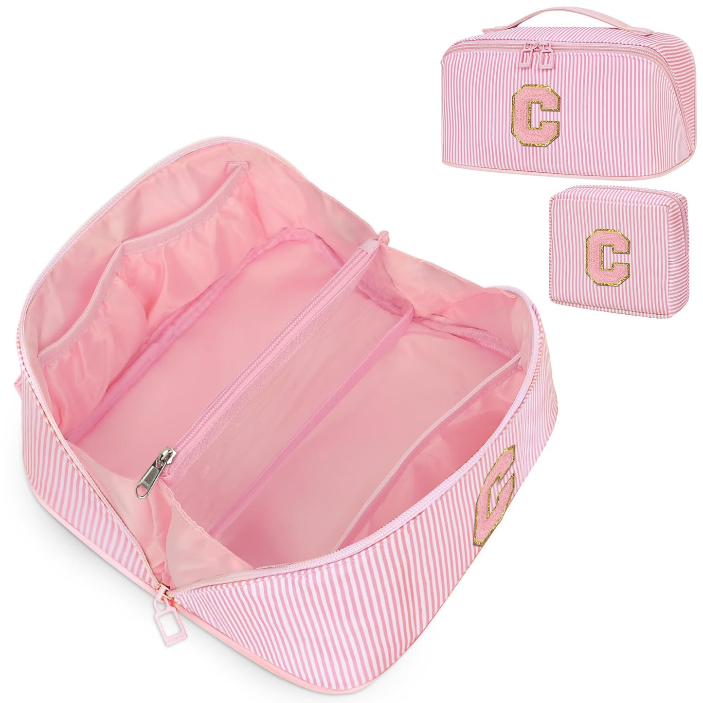 Initial Makeup Bag, Personalized Cosmetic Bag, 2Pcs Large Capacity Make Up Bag for Women, Open Flat Make up Cosmetic Organizer with Handle,Portable Make Up Organizer Pouch for Women - C