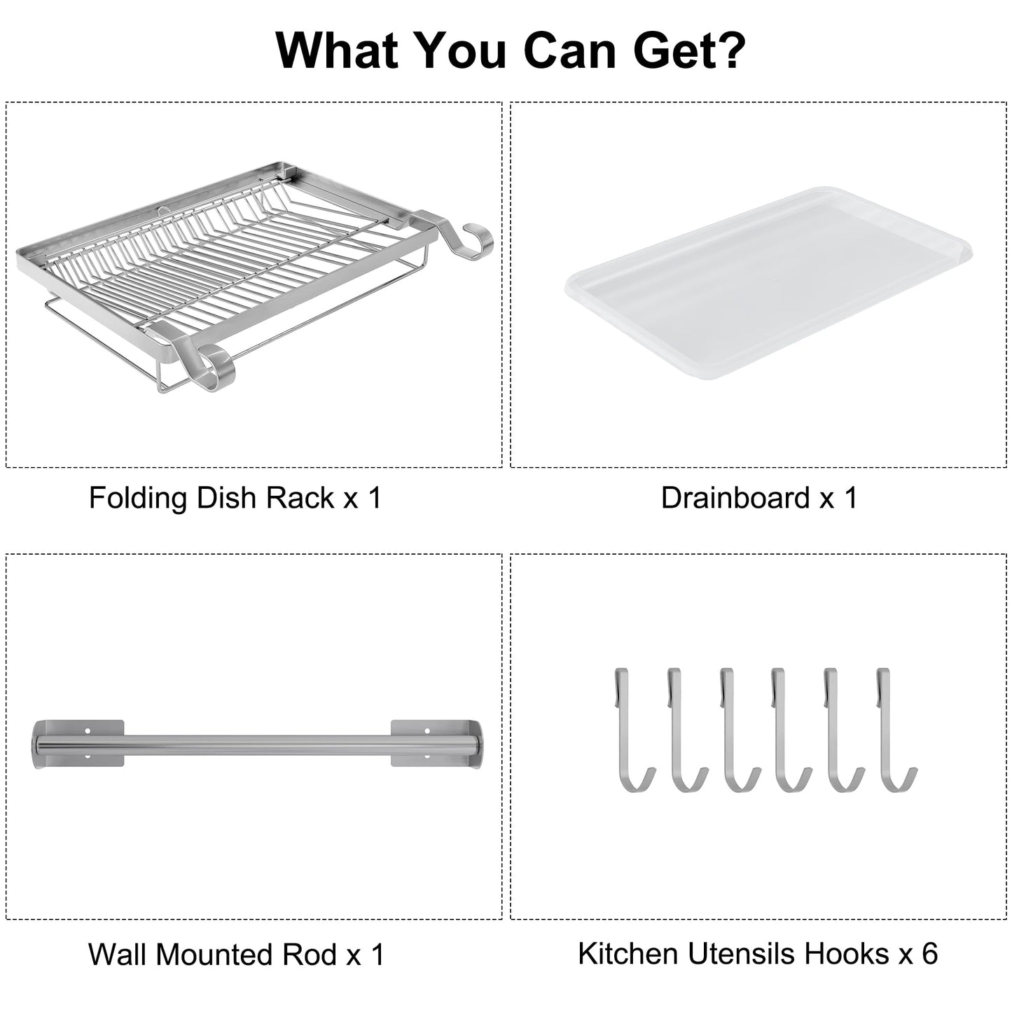 TQVAI Over Sink Dish Drainer Drying Rack, Stainless Steel Foldable Wall Mounted Dish Racks with Drainboard Hanging Rod and Sponge Holder, Silver