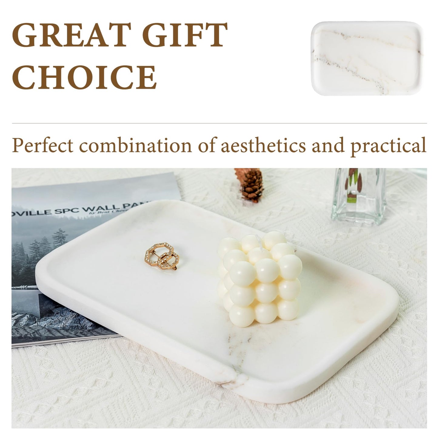 Koville Marble Tray, 12"x8" Marble Vanity Tray for Countertop Bathroom Kitchen Dresser, Decorative Catchall Trays for Perfume Jewelry, Rectangular Stone Serving Tray(Oriental Calacatta