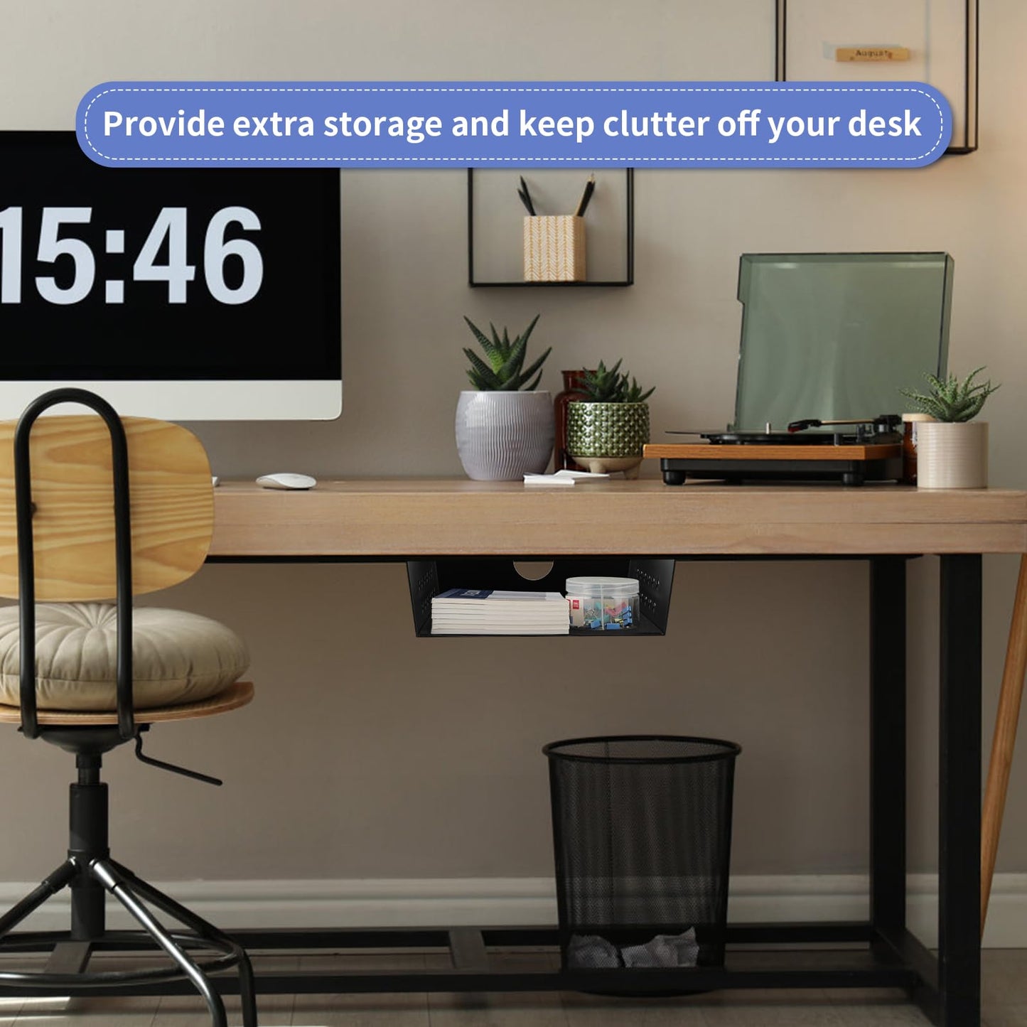 MOLIGOU Under Desk Storage Shelf, Under Desk Tray with Felt Liner, Screw Mount Under Table Hidden Storage for Home Office, Kitchen Cabinet (9" x 9" x 2.9")
