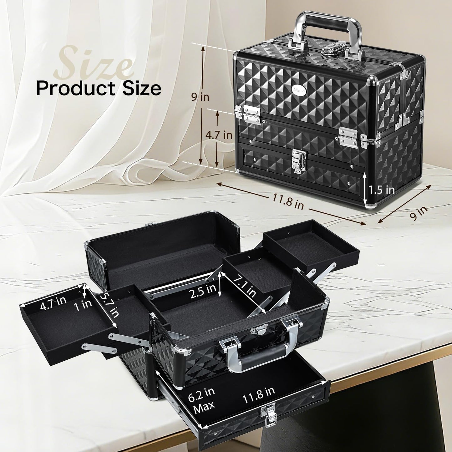 Joligrace Makeup Train Cases Professional Travel Makeup Cosmetic Cases Organizer Portable Box with Drawer Black