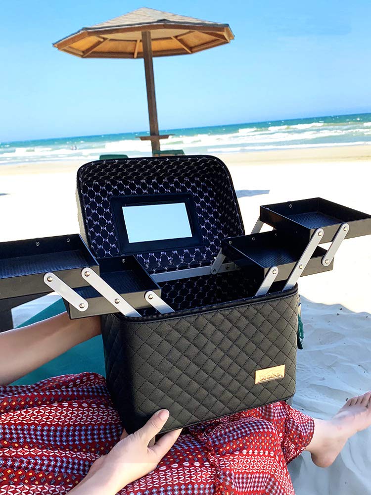 Sooyee Makeup Bag Cosmetic Bag with Mirror, 4 Layer Foldable Tray Makeup Organizer Open to the Sides, Makeup Travel Bag for Women, Train Case, Black