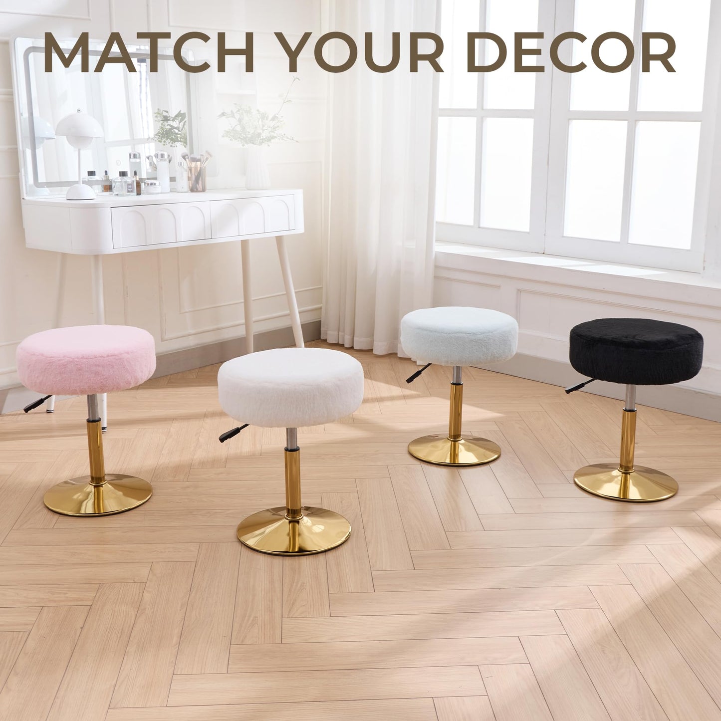 Xenothos Vanity Chair Adjustable Vanity Stool for Vanity Swivel Vanity Stool Chair Ottoman Gold Base White