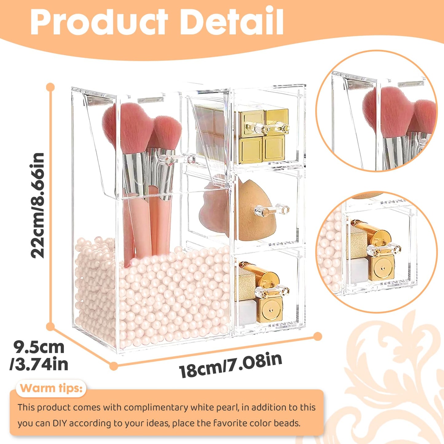 ShellKingdom Makeup Brush Holder,Clear Cosmetic Brushes Organizer With Drawer for Storage Brushes with Lid and Pearl for Dressing Tables and Vanity