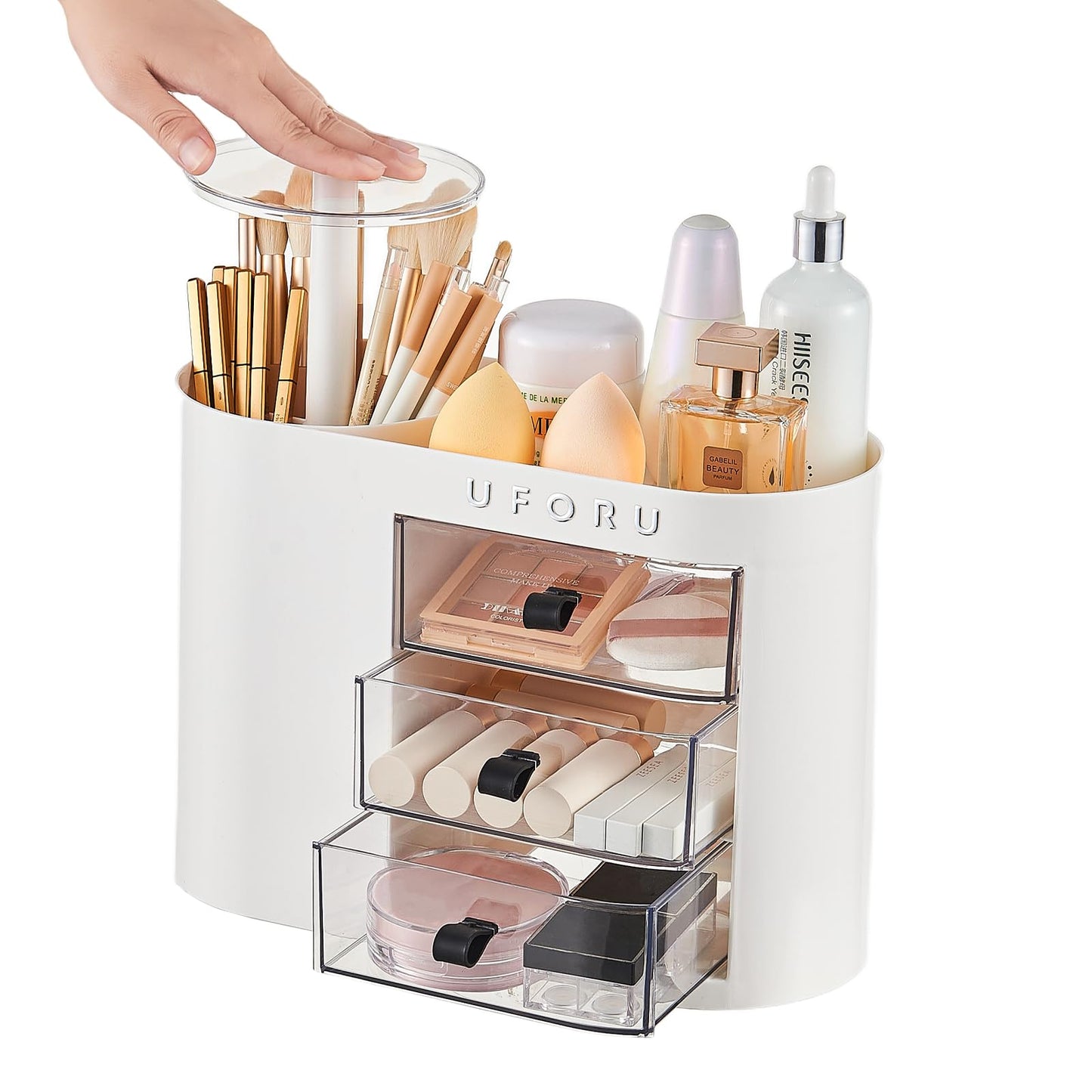 UFORU Makeup Organizer with Pop-Up Brush Holder for Dresser Vanity, Plastic Bathroom Counter Organizer with 3 Drawers & Dust-Proof Cover, Cosmetic Display Case for Lipstick, Skincare, White