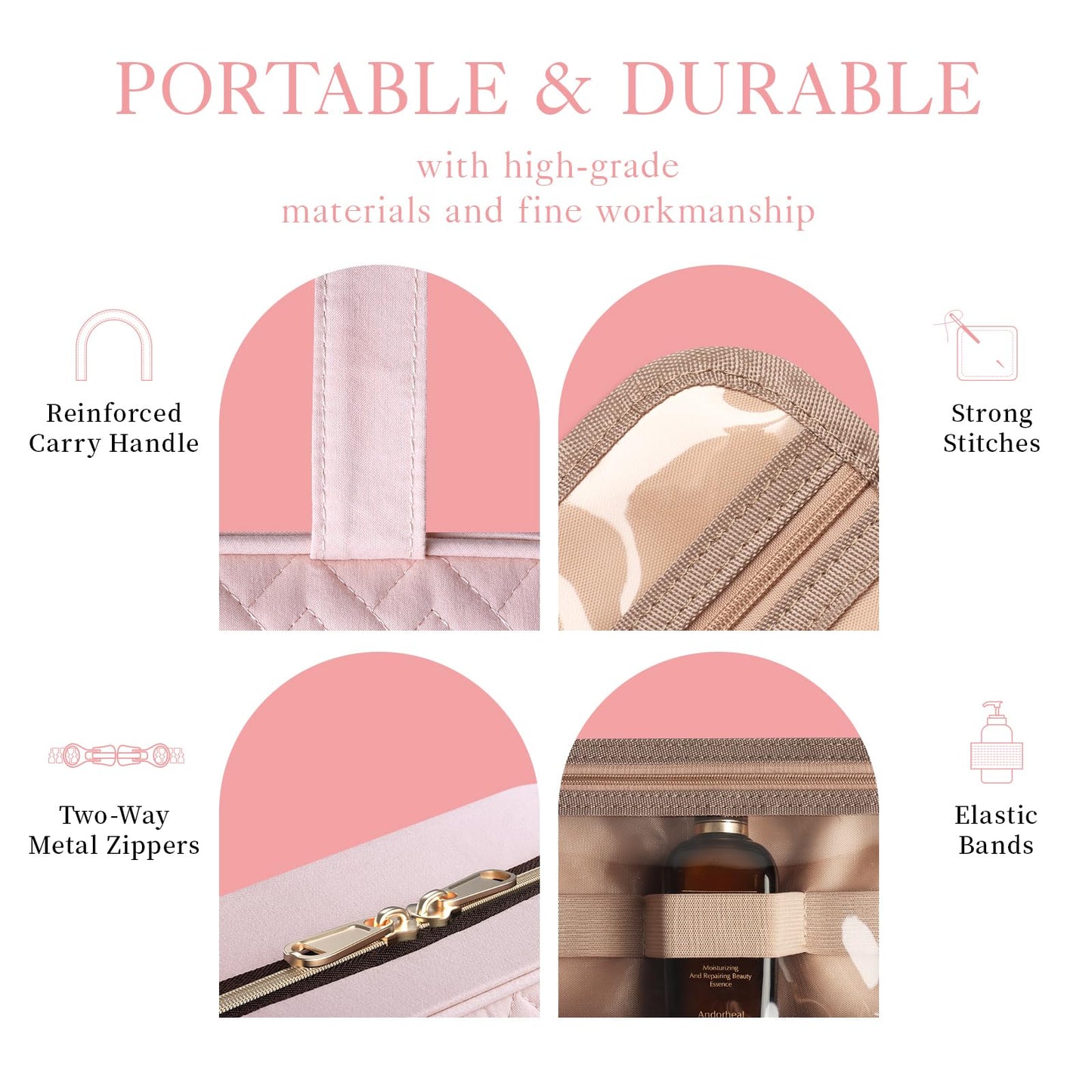 HOTOR Travel Toiletry Bag - Hanging Toiletry Bag for Women & Men, Makeup Bag/Big Comparment, Waterproof for Travel Accessories, Travel Essentials, Medium, Pale Pink
