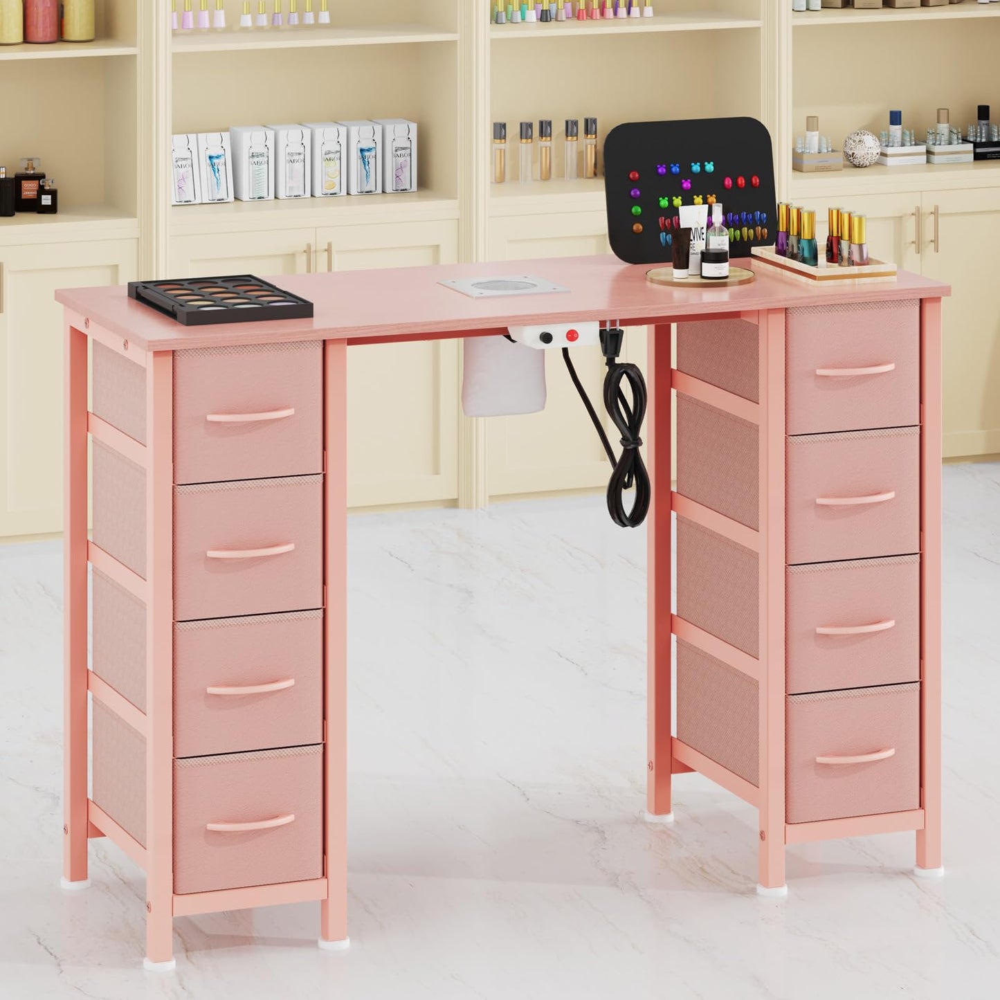 DrawXynth Nail Desk, Manicure Table, Nail Beauty Salon Workstation w/Electric Dust Collector, 8 Fabric Drawers
