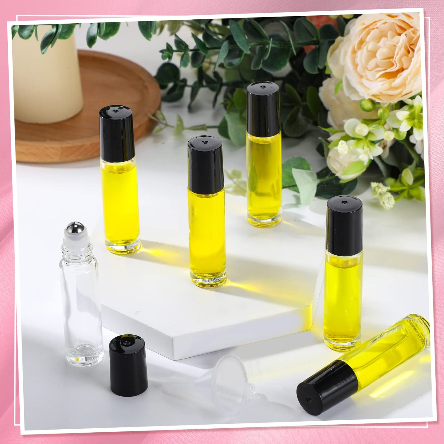 SEEWEY 96 Pcs Essential Oil Roller Bottles 10ml Empty Glass Roller Bottles with Stainless Steel Balls Protection Leakproof with 5 Funnel for Travel Perfume Lip Gloss (Clear, Black Lid)