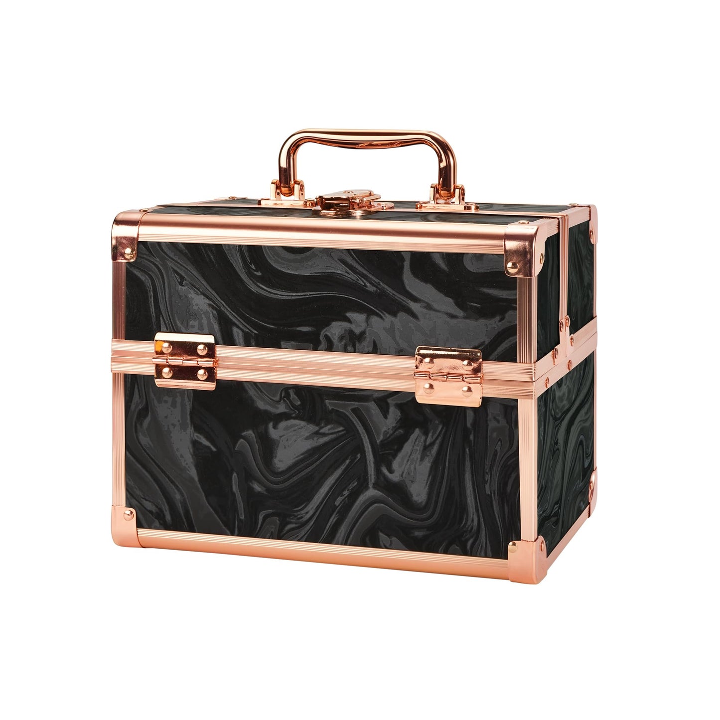 GALHUBIS Makeup Train Case, Portable Makeup Case with Mirror, 2-Trays Cosmetic Organizer Case,Nail Polish Organizer, Travel Makeup Box, Profesional for Salon Barber, Rose Gold Black