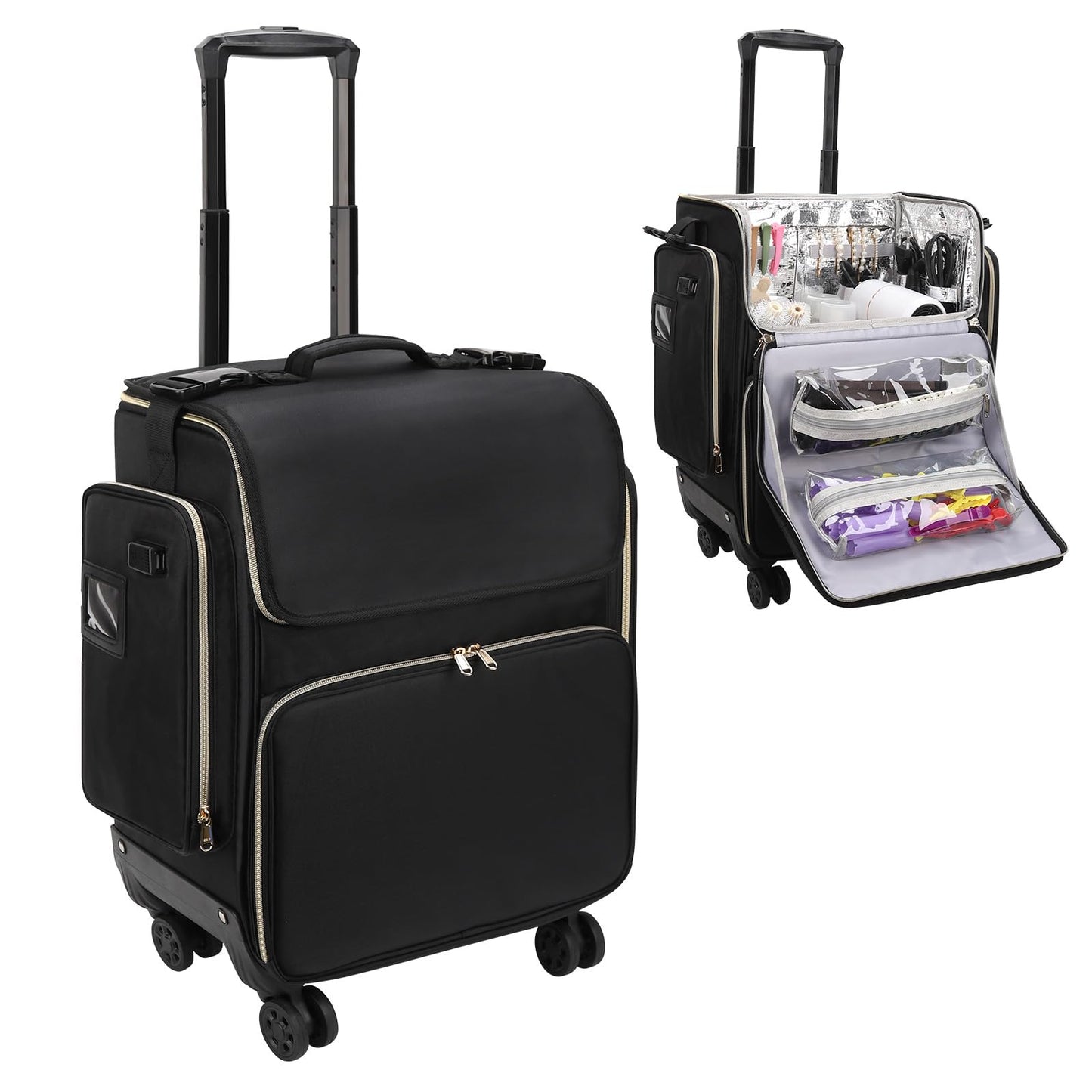 Large Makeup Train Case for Hairstylists & Hairdressers - Cosmetic Organizer with Detachable Pouch, Heat-Insulated & Anti-Scald Full Layer, Hairdressing Tool Storage Trolley with 4 360 Swivel Wheels