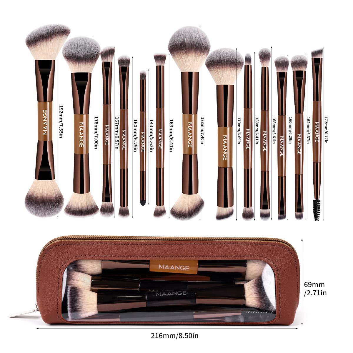 MAANGE 13 Pcs Foundation Makeup Brush Set With Bag, Make up Brushes, Double-End Multi Functional Makeup Brushes, Professional Face Brush Set Tools For Liquid Powder Concealer Cream Blush (Coffee)