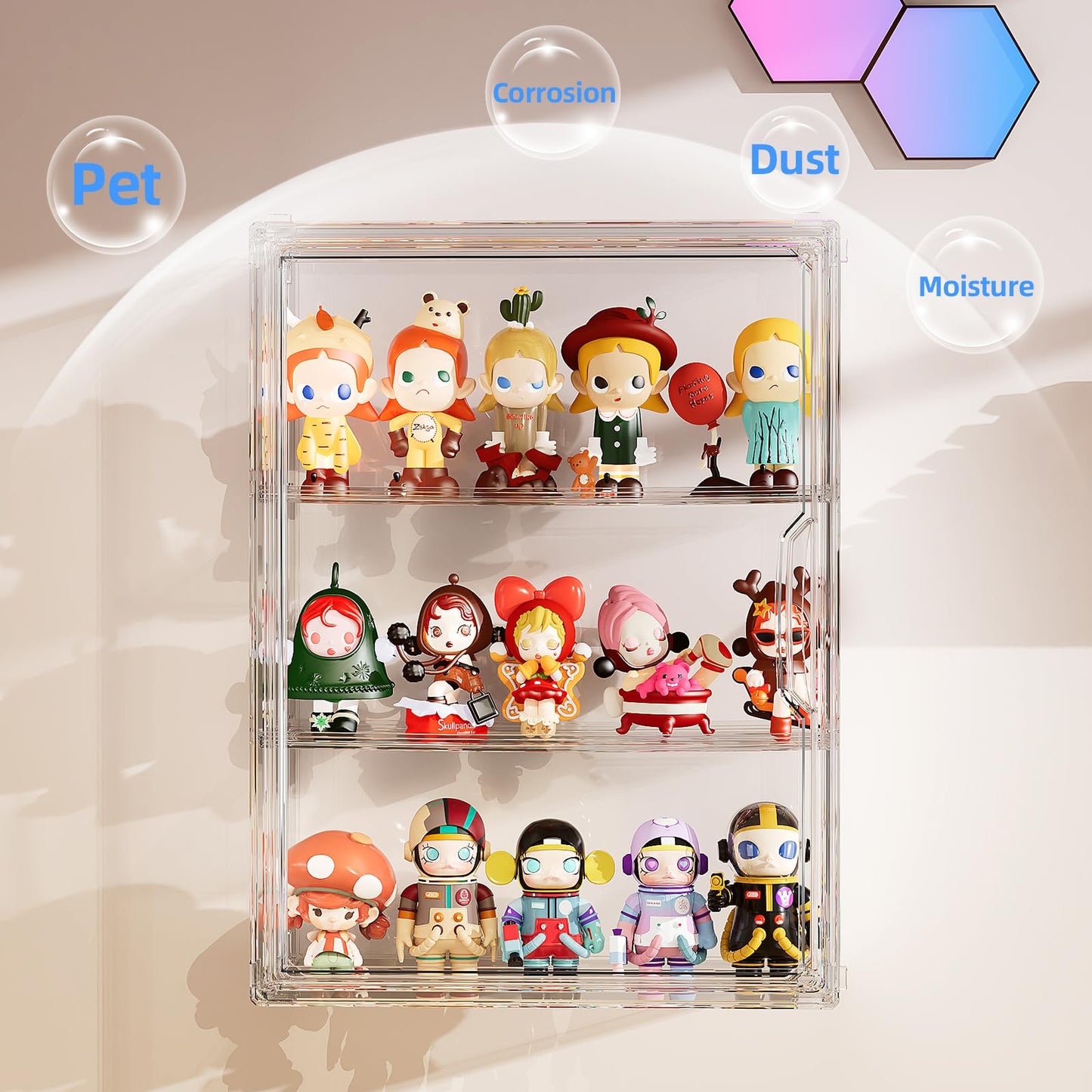 JOYZAN Acrylic Display Case for Collectibles, 2 Packs 3 Tiers Clear Display Case for Figures, Wall-Mounted Storage Box with Magnetic Door, Adjustable Figurine Display Shelf Dust-Proof Showcase