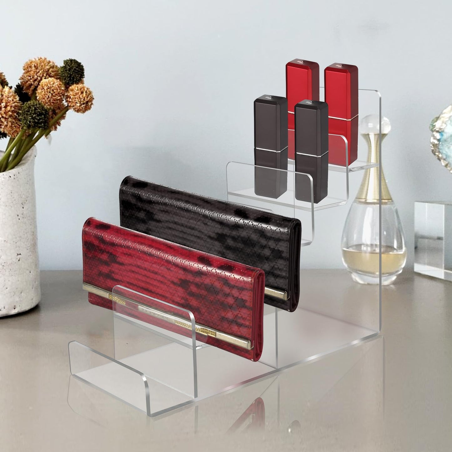 WEIHAOSKY Acrylic Wallet Display Stand Purse Handbag Organizer, Clear Jewelry Riser Display Stand Purse Display Rack, Acrylic Display Shelf for Cosmetic Perfume Jewelry Sunglasses Handbag (4 Tier)