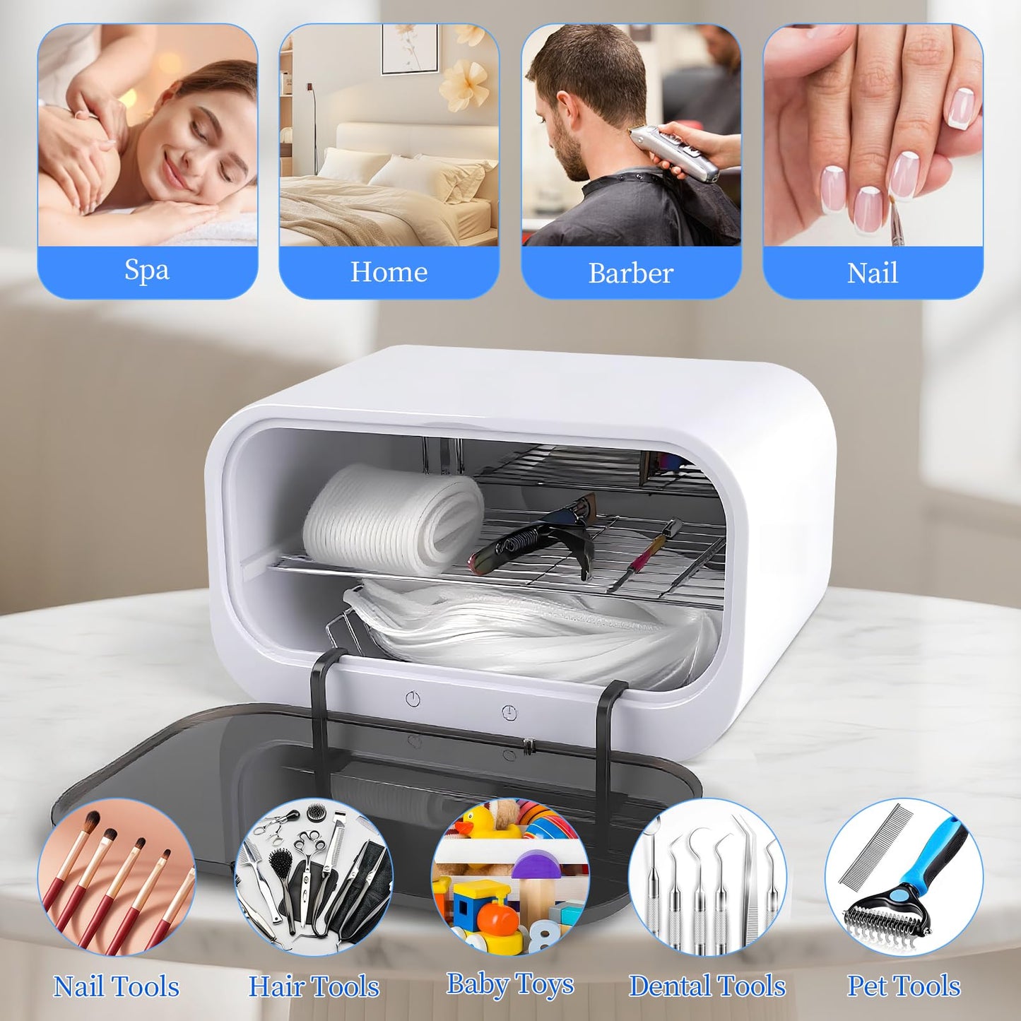 heemeei Nail Tool Cleaning Machine, Large Capacity Cleaning Cabinet for Esthetician, 110V Multi-Functional Nail Tool Cleaning Box with Adjustable Time for Home Use, Barbers, Beauty Salons, and Spas
