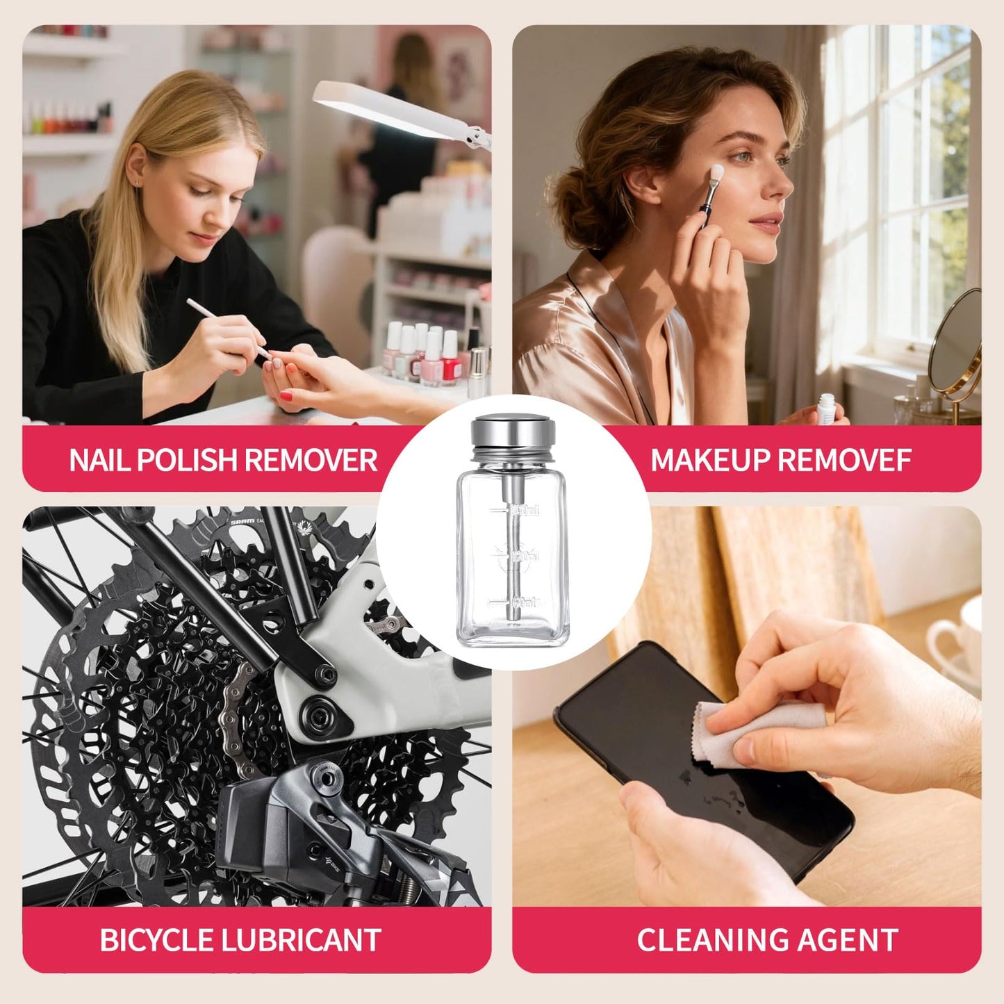 2 Pcs 6 Oz/ 180 ml Clear Pump Dispenser Bottle with Metal Flip Cover Glass Nail Polish Remover Push Down Dispenser Bottle Refillable Push Down Pump Dispenser Press Container for Makeup Remover
