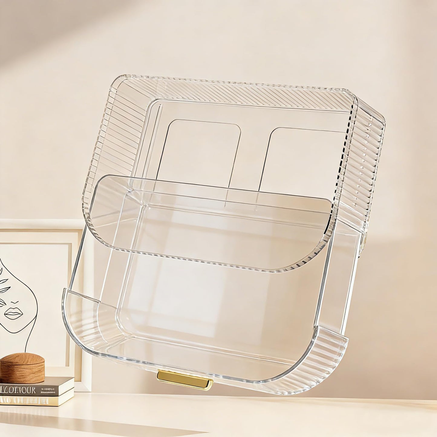 Makeup Organizer with 360° Rotating Brush Holder and Stackable Drawers, Cosmetic Display Case for Vanity, Bathroom Countertop (Clear, 2 Layer)