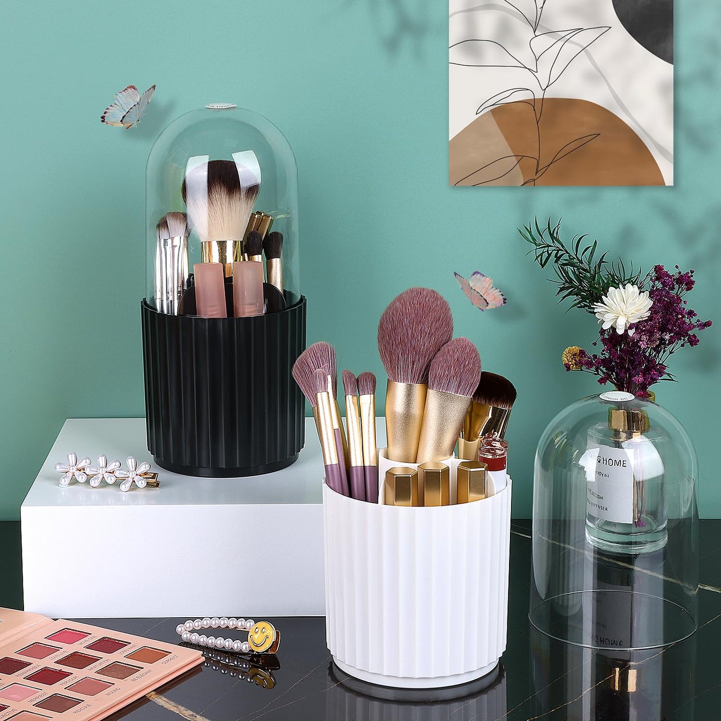 JessLab Makeup Brush Holder Organizer with Lid, 360 Degree Rotatable Makeup Brush Organizer Spinning Cosmetics Holders Brush Storage Box Display for Bathroom Vanity Countertop, White