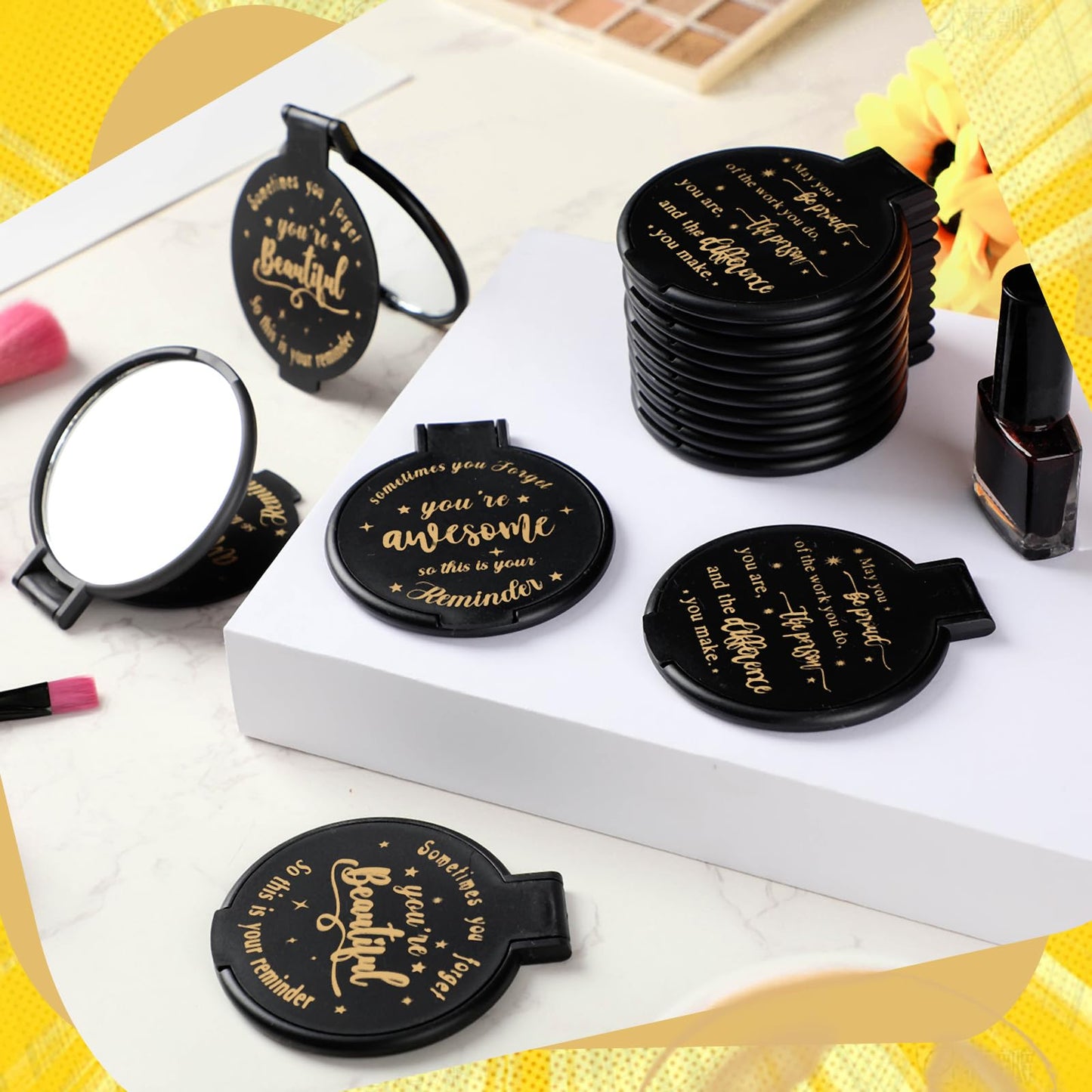 Wenqik 64 Pcs Inspirational Mini Compact Mirrors Bulk, Women Small Gifts Bulk, Group Team Party Favors, Mini Pocket Purse Mirror for Travel, Client, Guest, Wedding, Birthday, Cheerleader (Black)