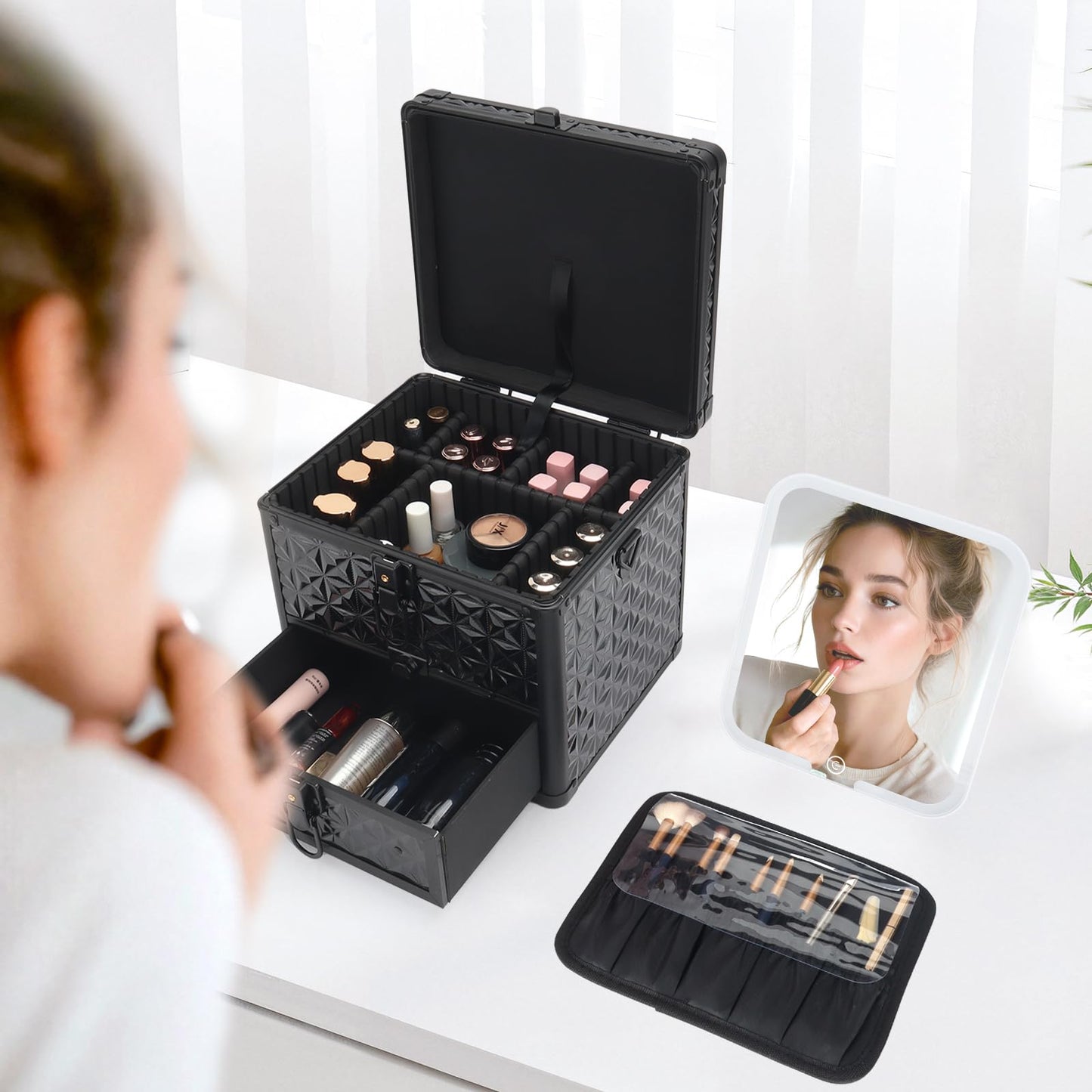 HAISKY Makeup Case with Drawer, Detachable Lighted LED Mirror, Travel Vanity Organizer, Portable Cosmetic Train Case, Lockable Makeup Suitcase with Adjustable Dividers, Shoulder Strap, Brush Holder