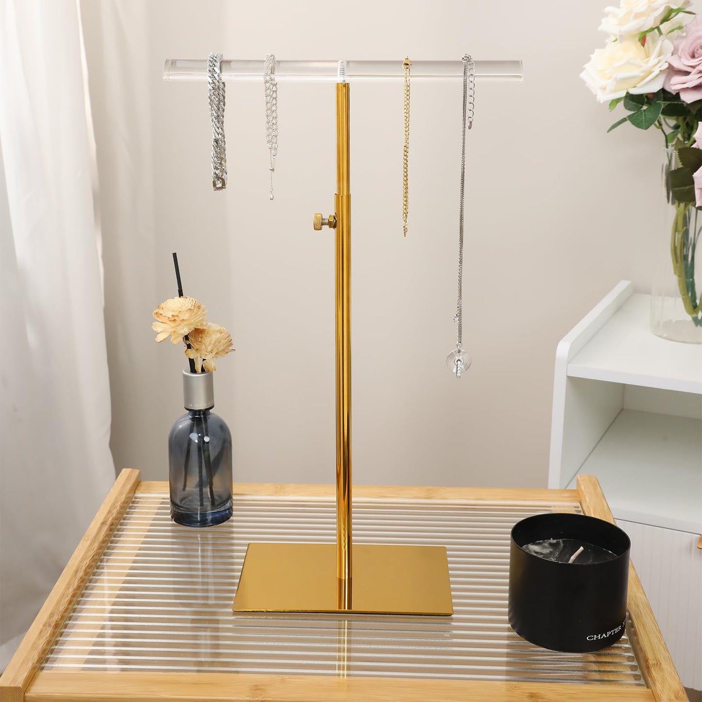 CHAWTALION Jewelry Display Stand, 2PCS T Bar Purse Handbag Holder Adjustable Height Stainless Steel 13.3~21.2 Inches Showcase Rack for Retail Boutique or Home Closet