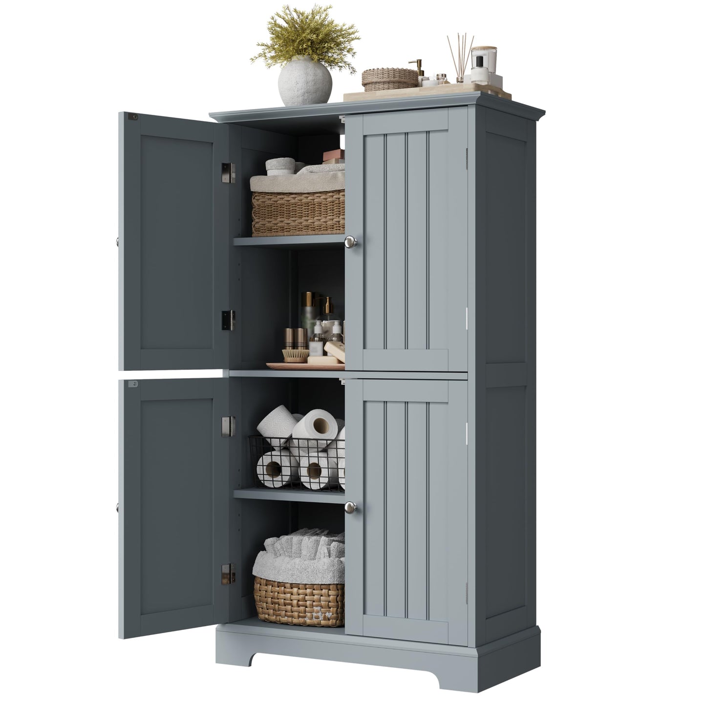 ChooChoo Bathroom Floor Cabinet, Modern Bathroom Storage Cabinet with 4 Doors and Adjustable Shelves, Freestanding Cupboard for Living Room, Grey
