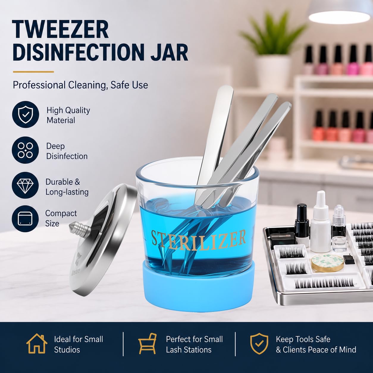 Xinshare Nail Tool Disinfectant Jar, 5Oz Glass Durable Manicure Pedicure Implements Sterilizer Container,Salon Storage & Organizer for Nail Art Tools Beauty Centers Equipment Cleaning, Blue