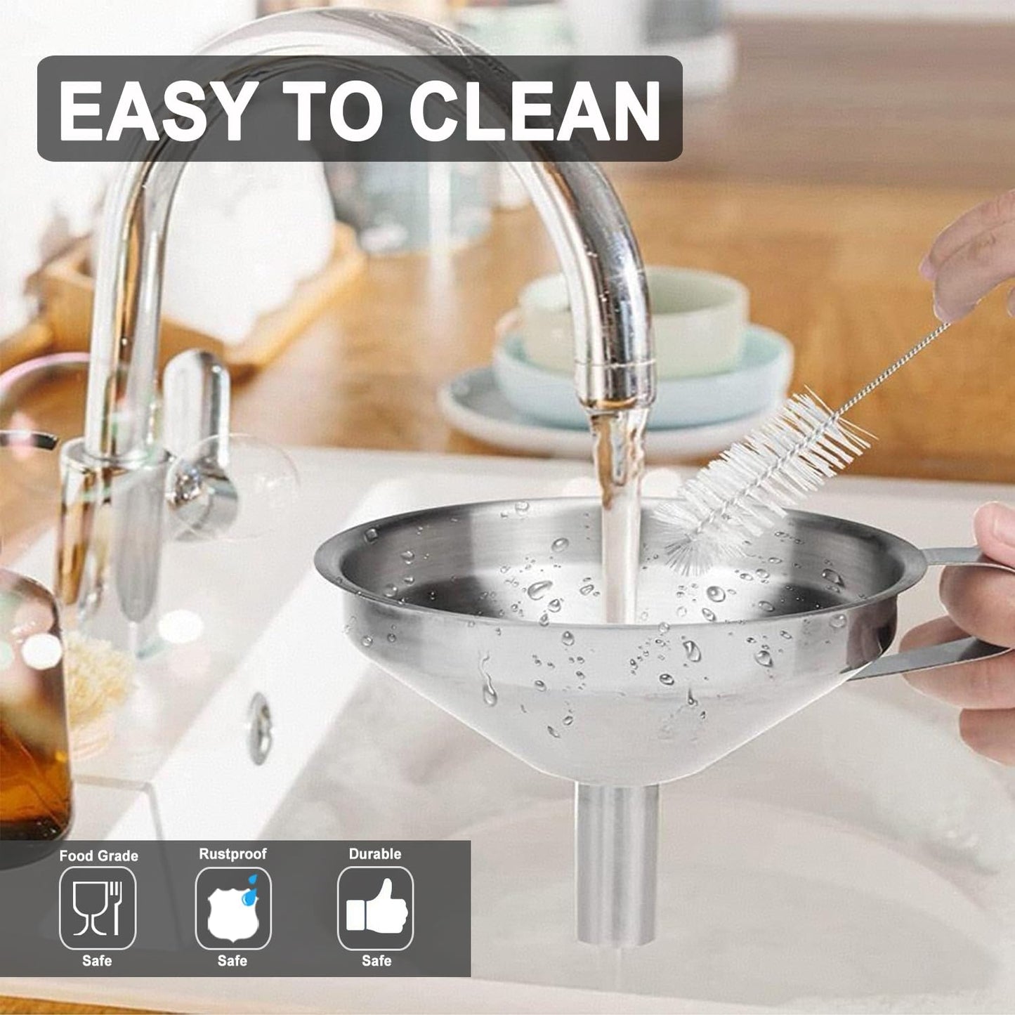 Lmoszuak Stainless Steel Funnels for Kitchen use,4PCS Kitchen Metal Funnel with 2 Removable Strainer,Cleaning Brush.Funnel for Filling Bottles,for Transferring of Liquid,Oils,Jam (5.1",3",2.2",1.8")