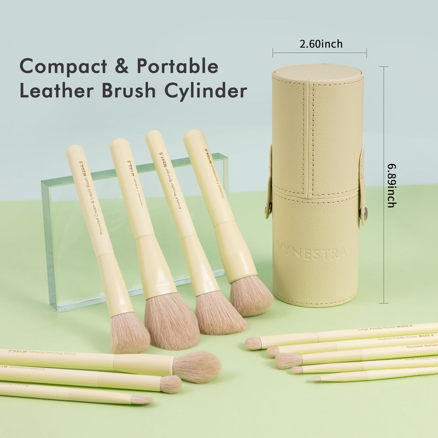 VYNESTRA Travel 12 Piece Makeup Brushes Set Labeled Face and Eye Make Up Brush Set Complete with Foundation, Concealer, Contour, Blending, Blush, Eyeshadow Brush with Travel Holder Case, Butter Yellow