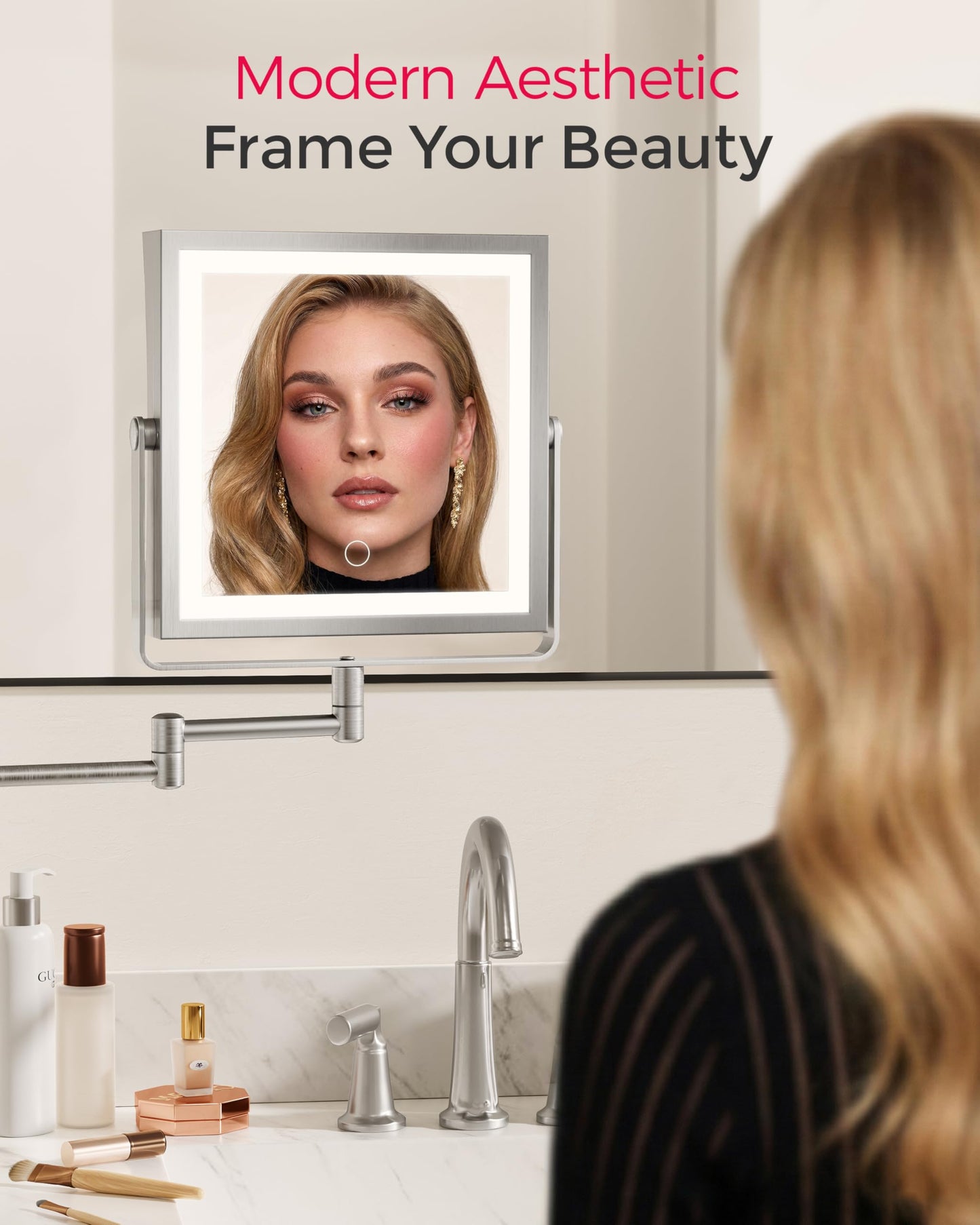 WZKALY Rechargeable Wall Mounted Makeup Mirror with Lights, 4000mAh Double Sided 1X/10X Magnifying Vanity Mirror with 3 Color Lights, Touch Dimmable, 360° Extension Foldable Arm(Brushed Nickel)