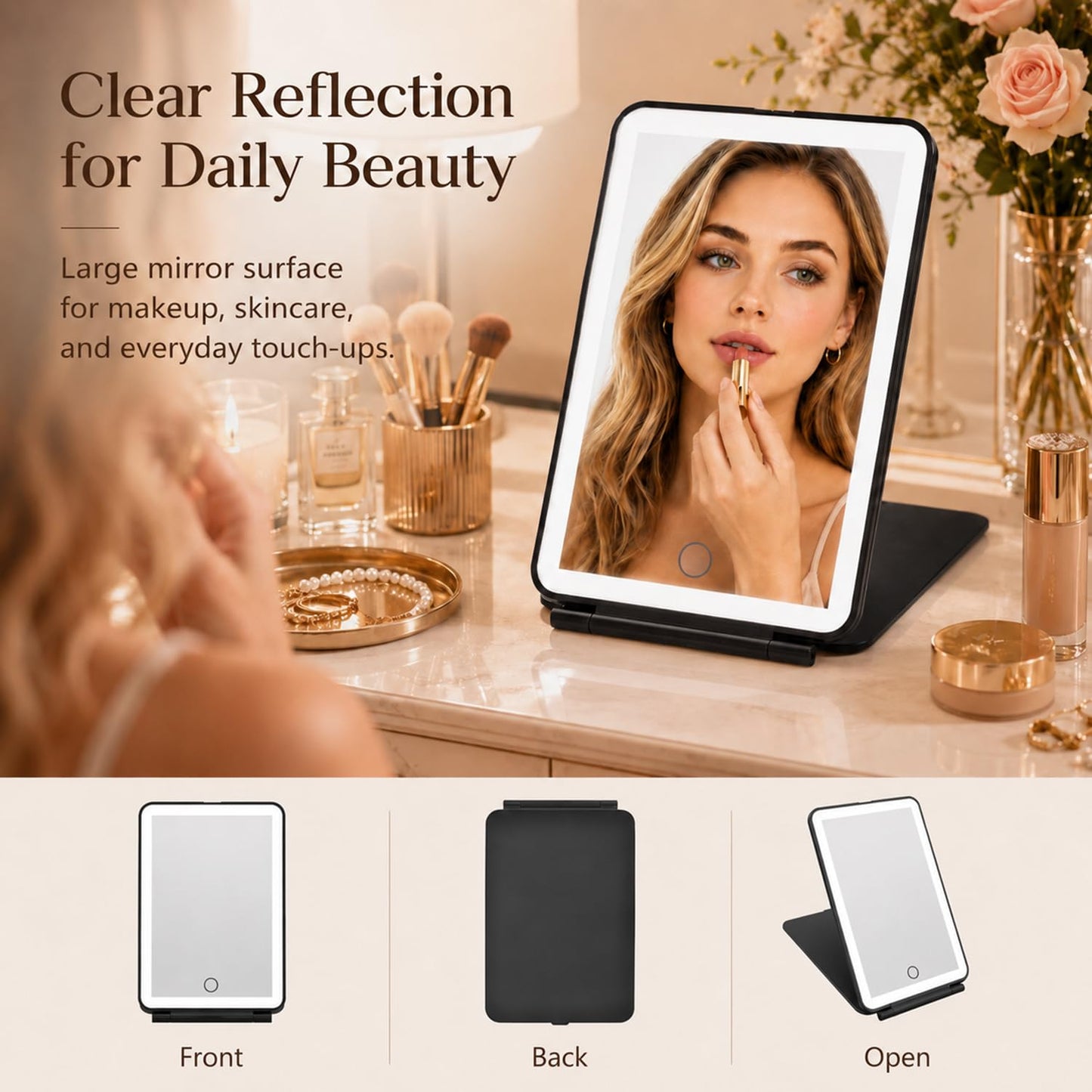 Tyseoome Rechargeable Lighted Makeup Mirror for Travel & Home – Foldable LED Vanity Mirror with Adjustable Brightness, 10X Magnifying Mirror, Portable Cosmetic Mirror for Women, Girls, Beauty Routine