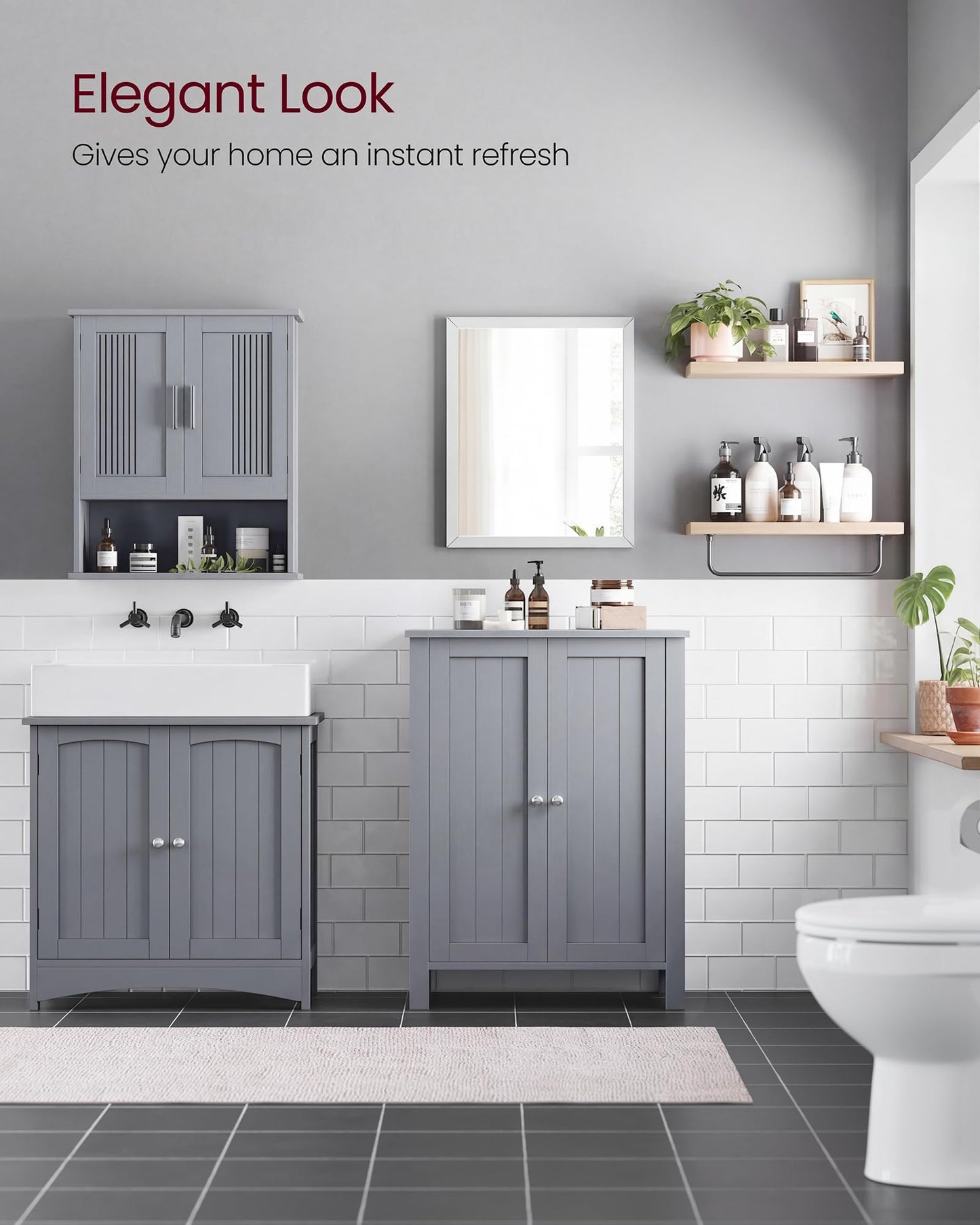 VASAGLE Bathroom Floor Storage Cabinet, Bathroom Storage Unit with 2 Adjustable Shelves, Bathroom Cabinet Freestanding, 11.8 x 23.6 x 31.5 Inches, Dove Gray UBCB060P36