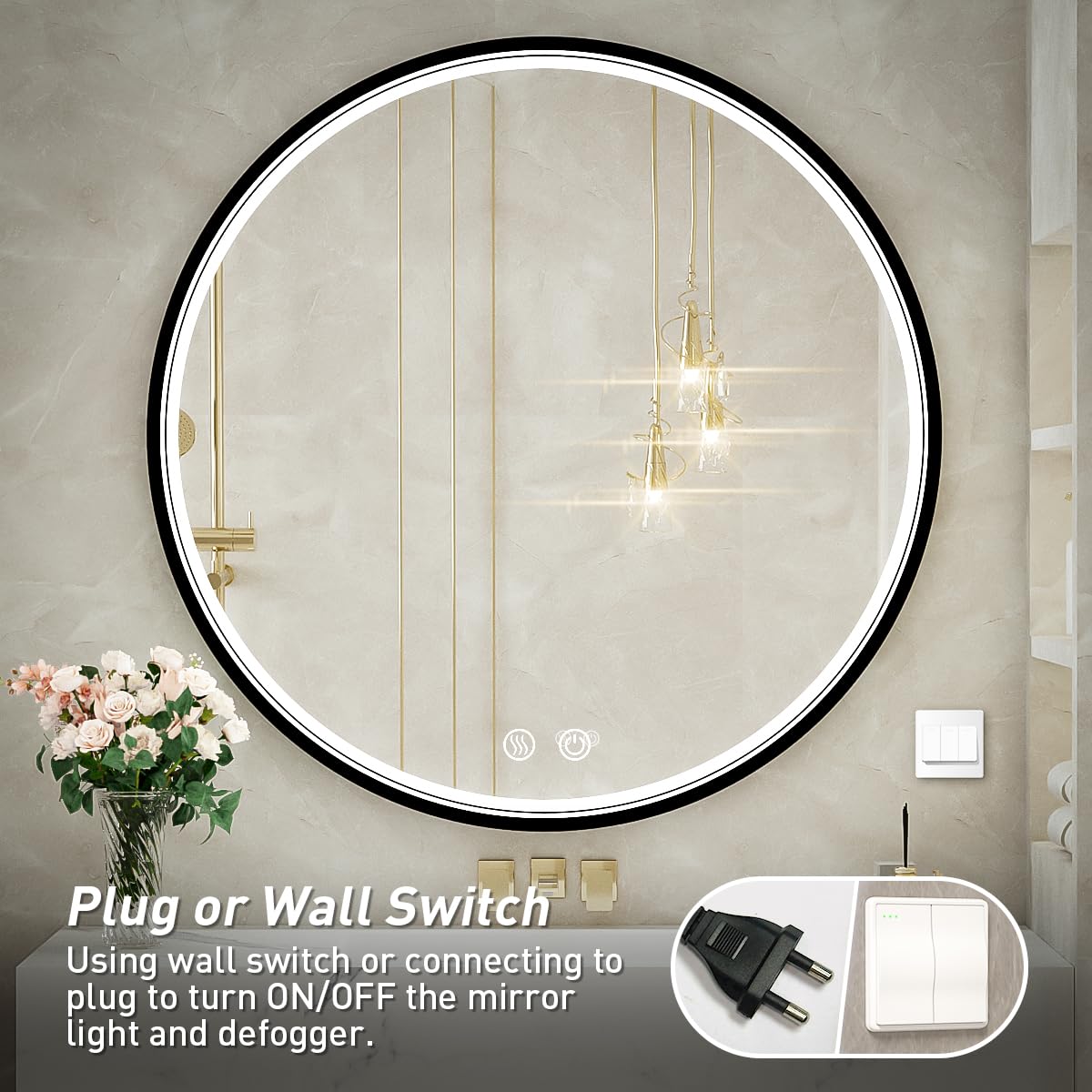 FTOTI 36" Round LED Bathroom Mirror, Dimmable Anti-Fog Vanity Mirror with Touch Control, 6000K Natural Light, Black Metal Frame, Wall Mounted for Makeup Shaving (IP54, 90+ CRI)