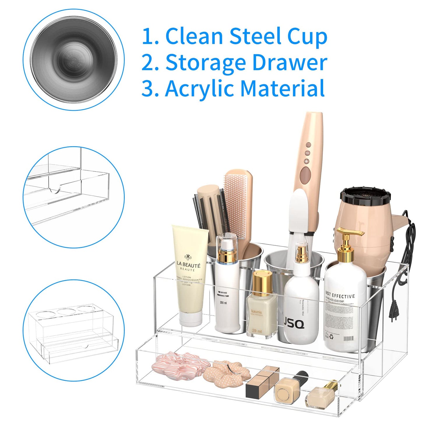NIUBEE Hair Tool Organizer, Clear Acrylic Hair Dryer and Styling Organizer with Drawer, Bathroom Countertop Blow Dryer Holder, Vanity Caddy Storage Stand for Accessories, Makeup, Toiletries