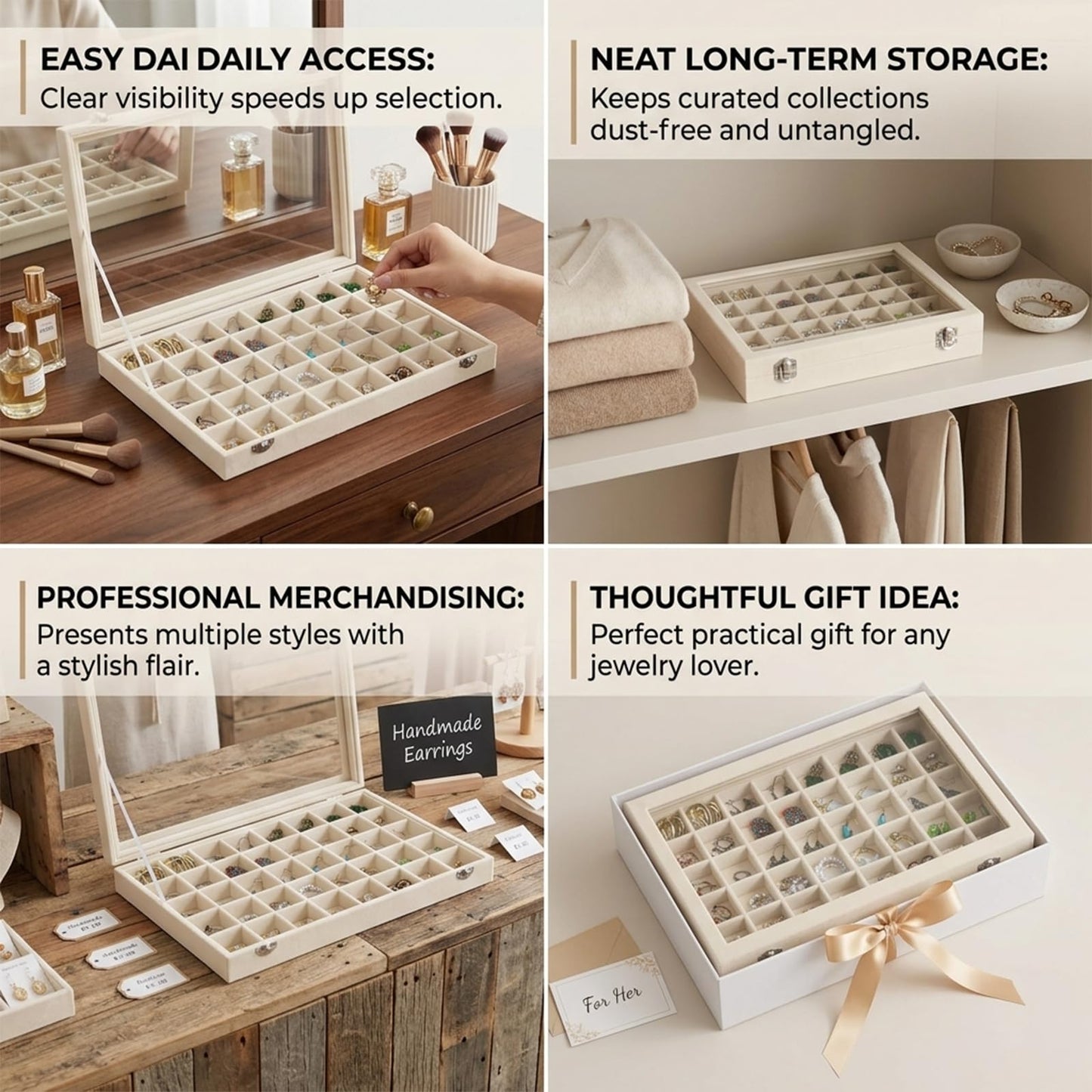 Stratalife Jewelry Organizer Jewelry Tray with See-through Lid 24 Grids Earring Display Showcase Large Velvet Storage Box for Earring Necklace Rings Dice Beige