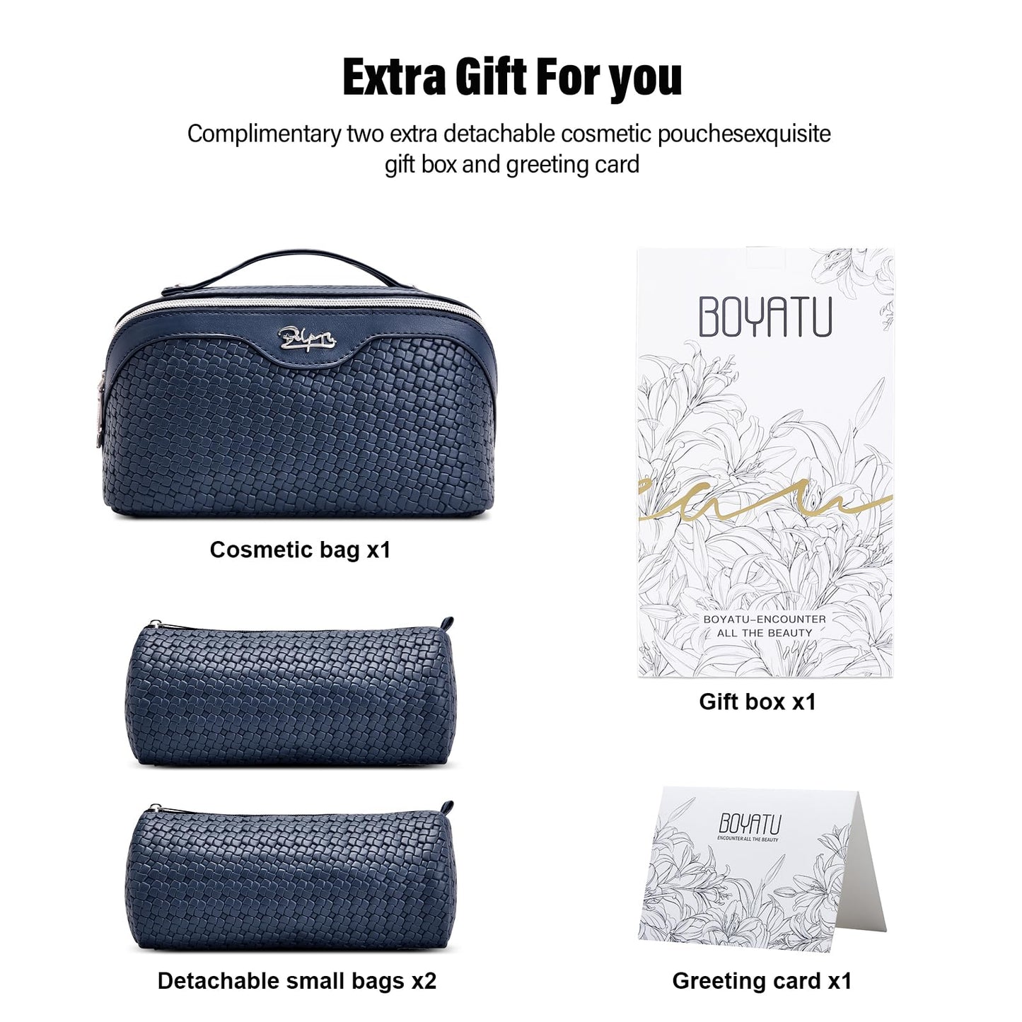 BOYATU Travel Makeup Bag Cosmetic Bags for Women: Large Capacity 3 Pcs Set Make up Bag with Compartments - Waterproof Vegan Leather Toiletry Organizer Bags with Handle (L40 Blue)