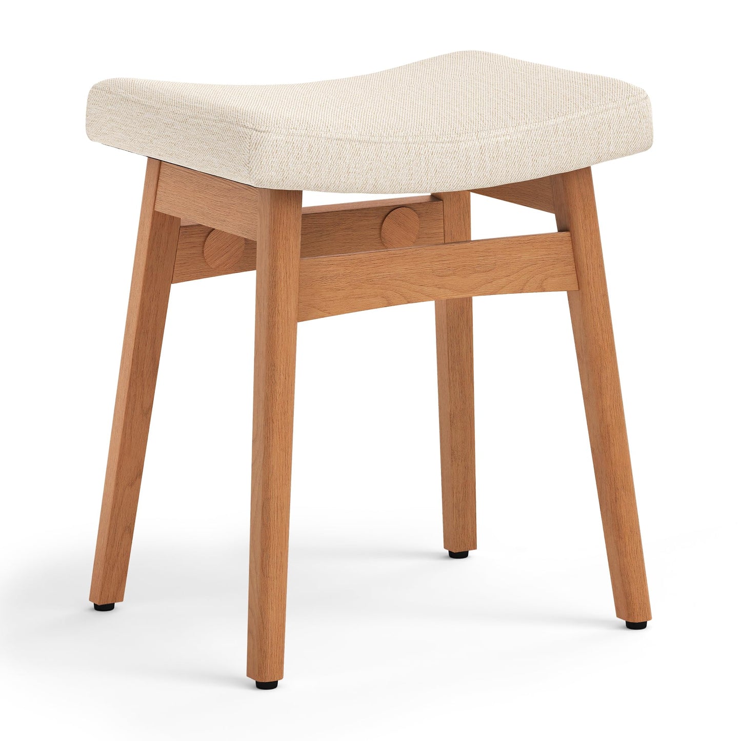LUE BONA Solid Wood Vanity Bench Stool, 17.3" H Ergonomic Saddle Stool, 2'' Sick Upholstered Vanity Chair for Makeup Room, Bedroom & Bathroom, 300lbs, Linen