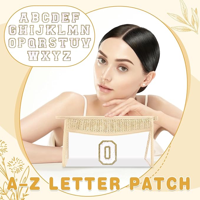 Personalized Initial Letter Bag Boho Straw Clear Makeup Bag,Small Cute Chenille Varsity Letter Pouch With Zipper,Beach Travel Toiletry,Portable Monogrammed Cosmetic Bag for Women Girls,O