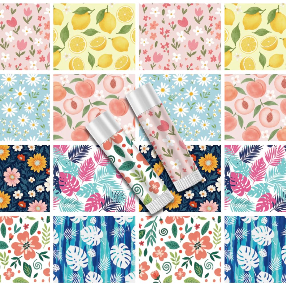 Peacoblue 160Pcs Lip Balm Labels Sticker for Tubes 2.1"x1.7" Solid Floral Fruit Pattern, 8 Styles Waterproof Chapstick Labels Glossy for Homemade Lip Balm Container Wedding Party Holiday Gifts
