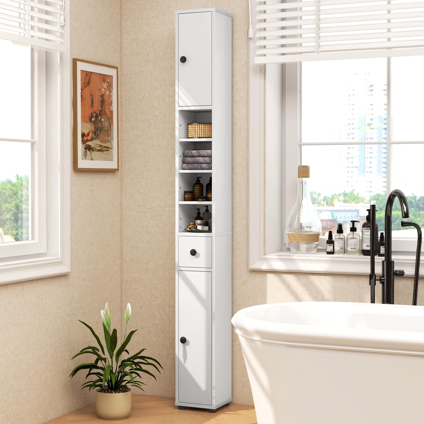 Giantex Slim Bathroom Storage Cabinet - 71” Tall Narrow Floor Cabinet Cupboard with 2 Doors, 5 Adjustable Shelves, 1 Drawer, Anti-Tipping Device, Thin Linen Tower Cabinet for Living Room (1, White)