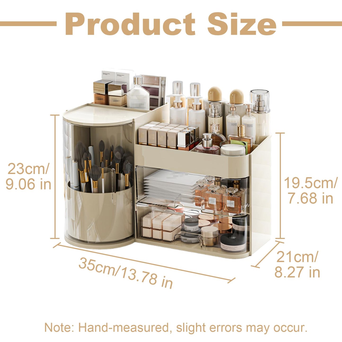 Fortuccai Makeup Organizer with 360° Rotating Brush Holder, Vanity Countertop Skincare Holder, Removable Cosmetic Display Cases, Lotions Storage Box & Dust-proof 4 Slot Make up Brushes Cup (Beige)
