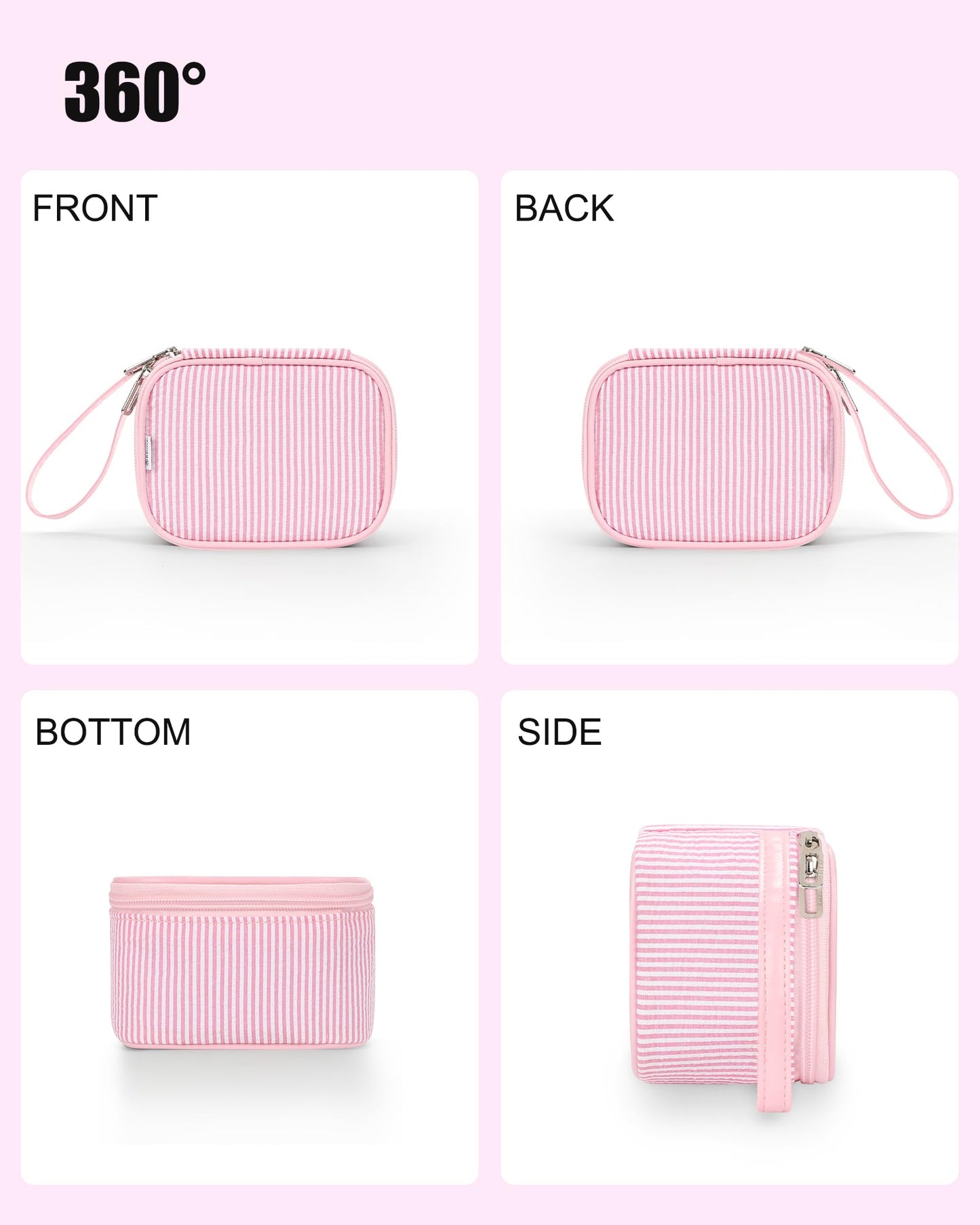 Relavel Mini Makeup Bag with Led Mirror, Small Cosmetic Bag with 3 Light Modes, Rechargeable Portable Makeup Pouch with Hands-Free Wrist Strap for Pool Parties丨Work Touch-Ups丨Travel - Pink Strip